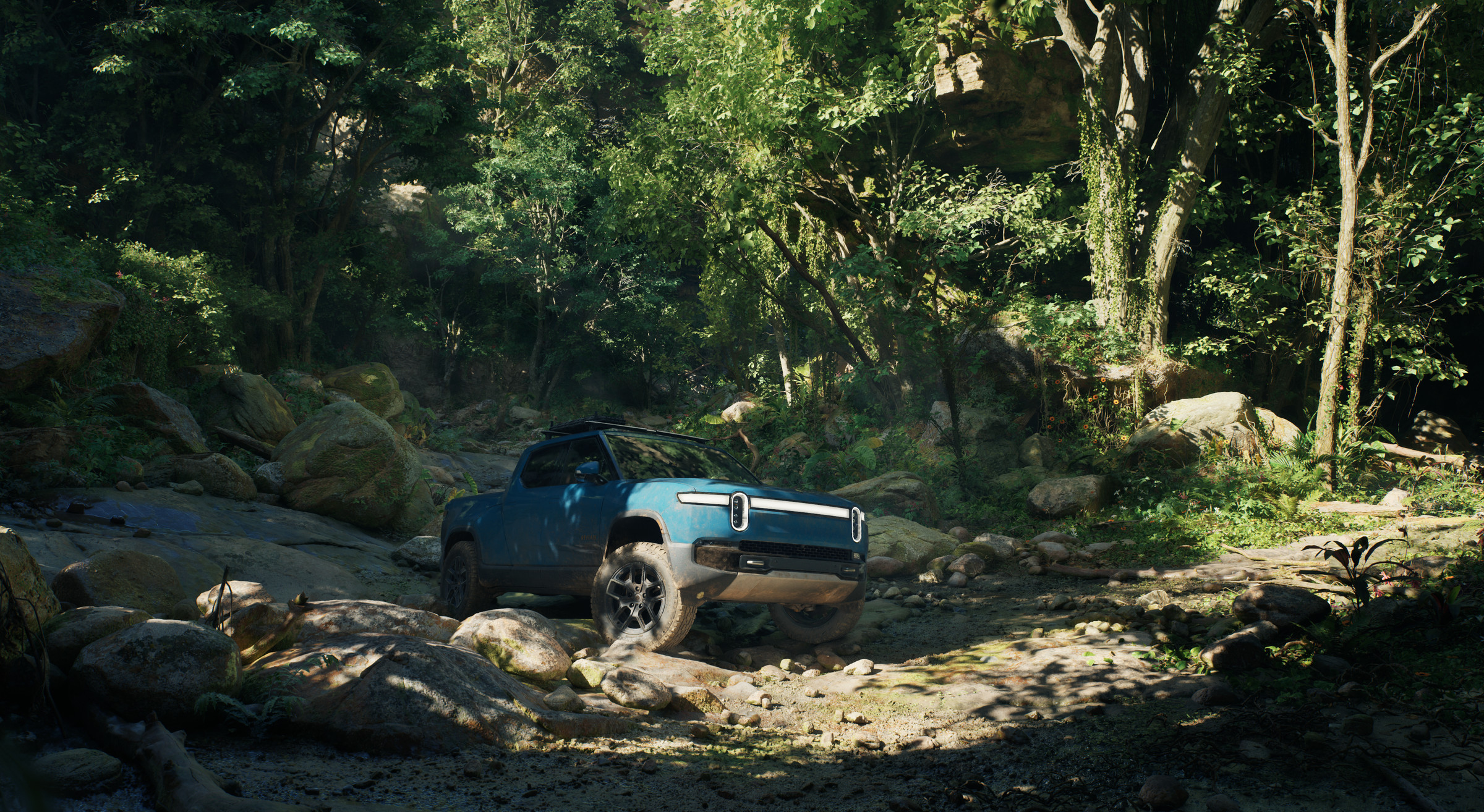 A screenshot of a Rivian truck in an Unreal Engine tech demo.
