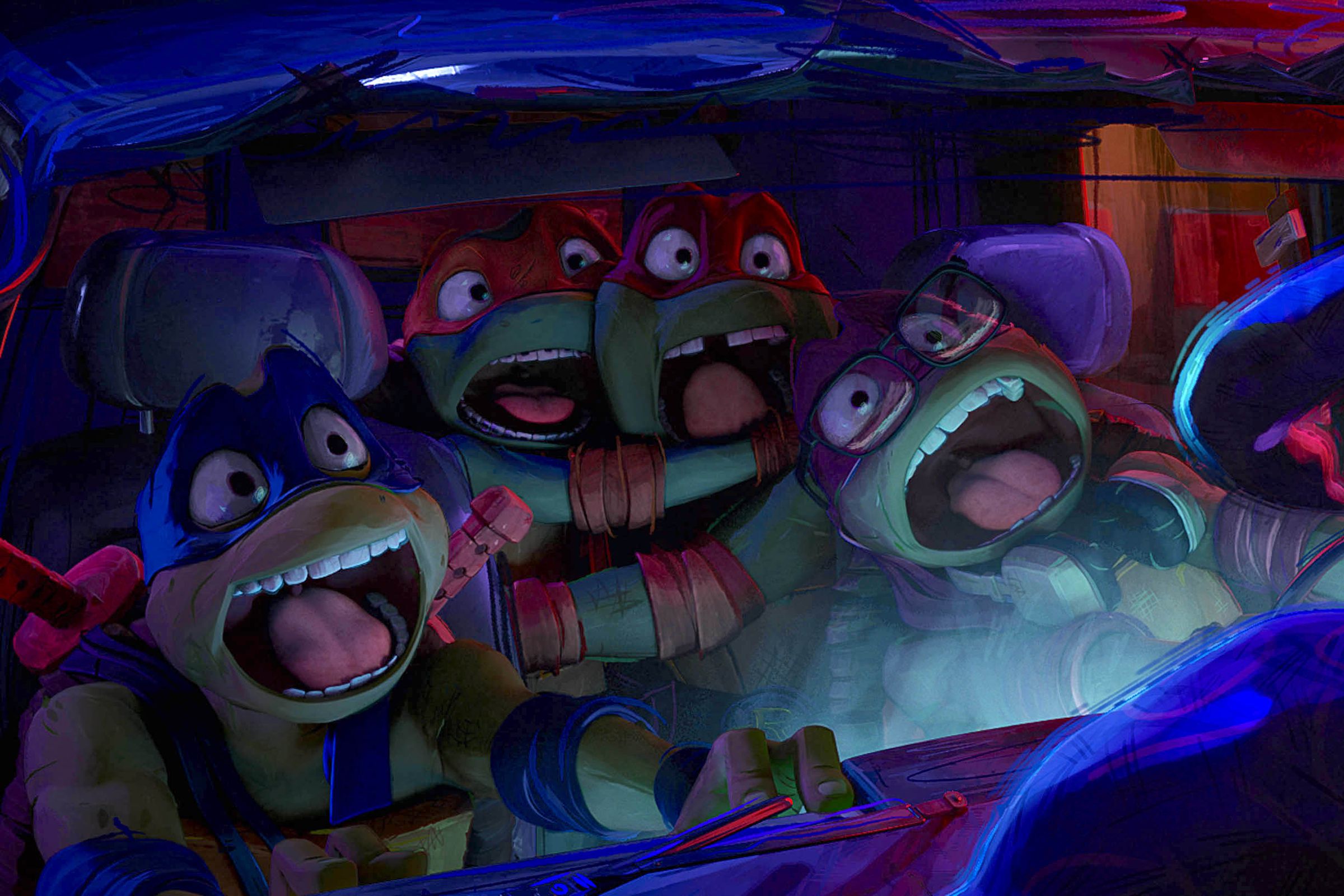 A group of screaming humanoid turtles wearing ninja masks squeezed together in a car.