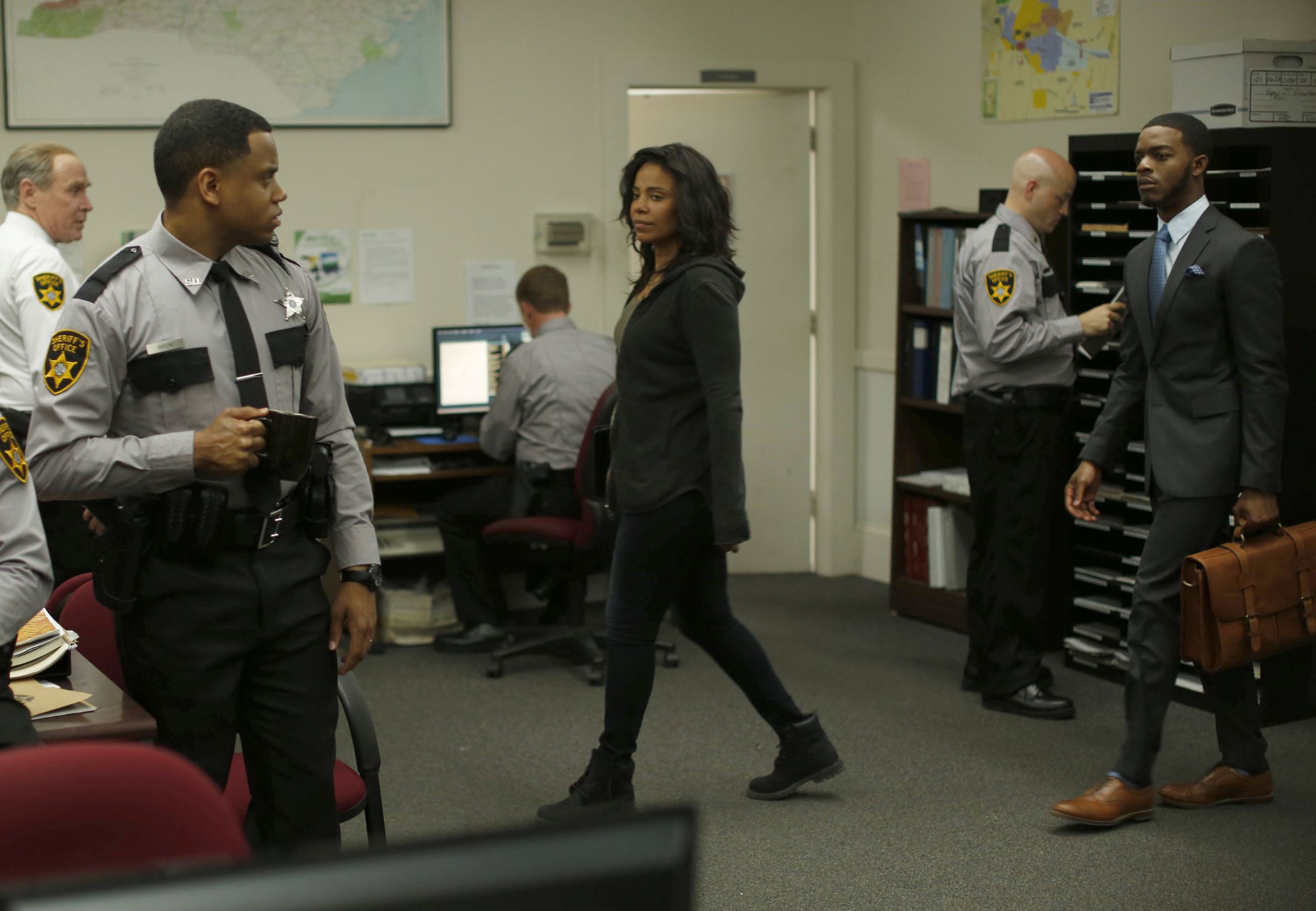 Mack Wilds, Sanaa Lathan and Stephan James in Shots Fired.