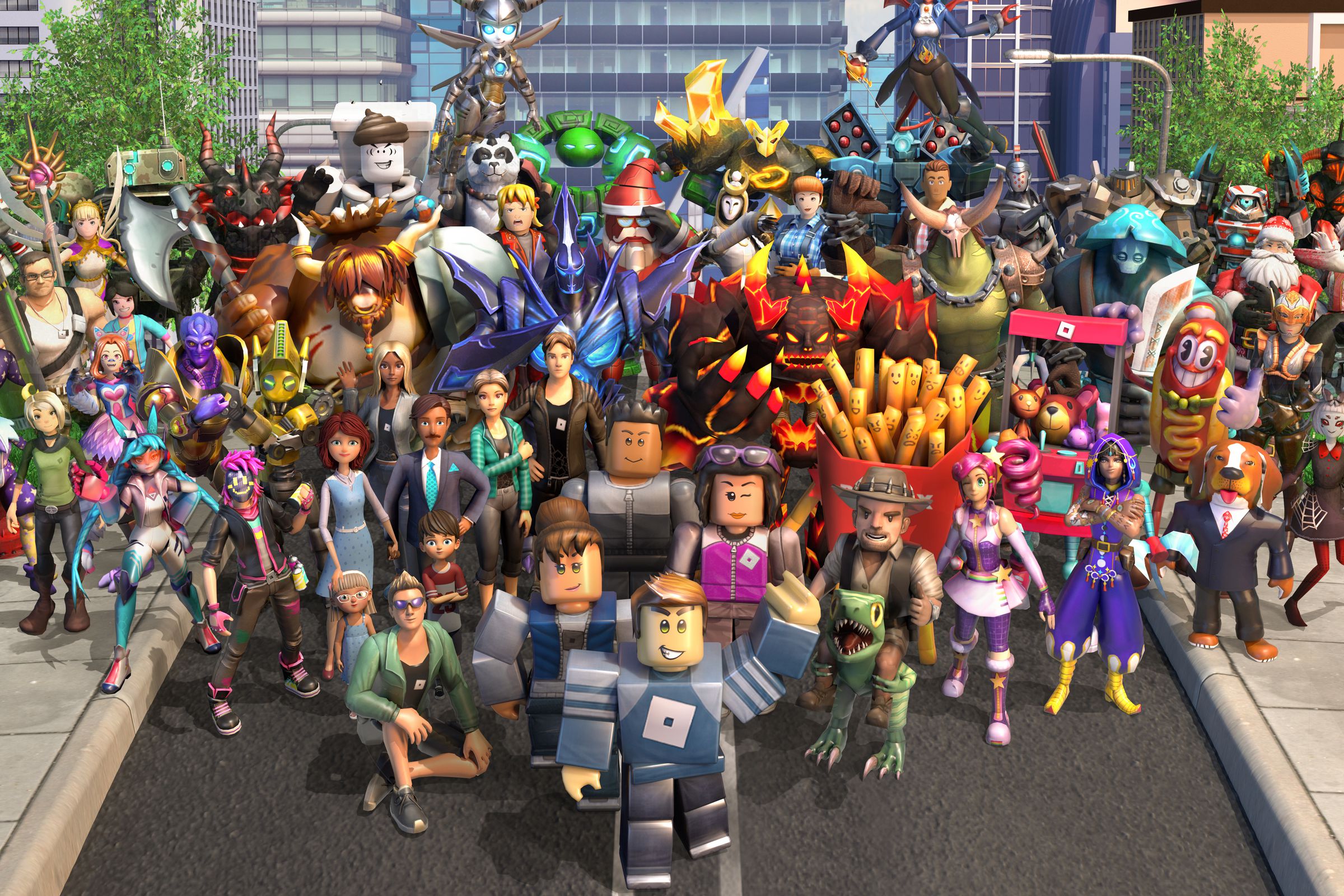 A Roblox promotional image featuring many different characters.