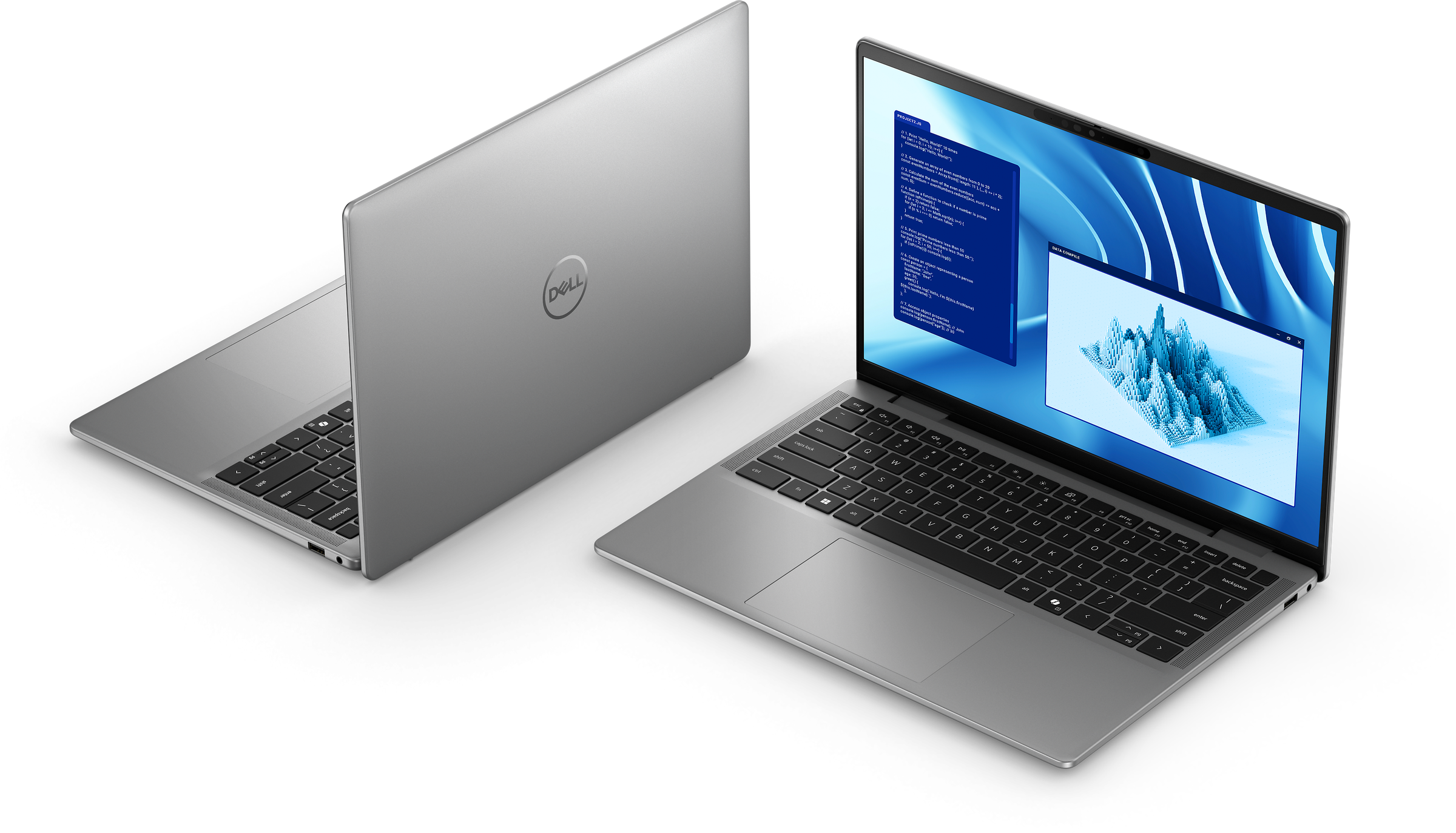 An open and powered on laptop with a blue wallpaper