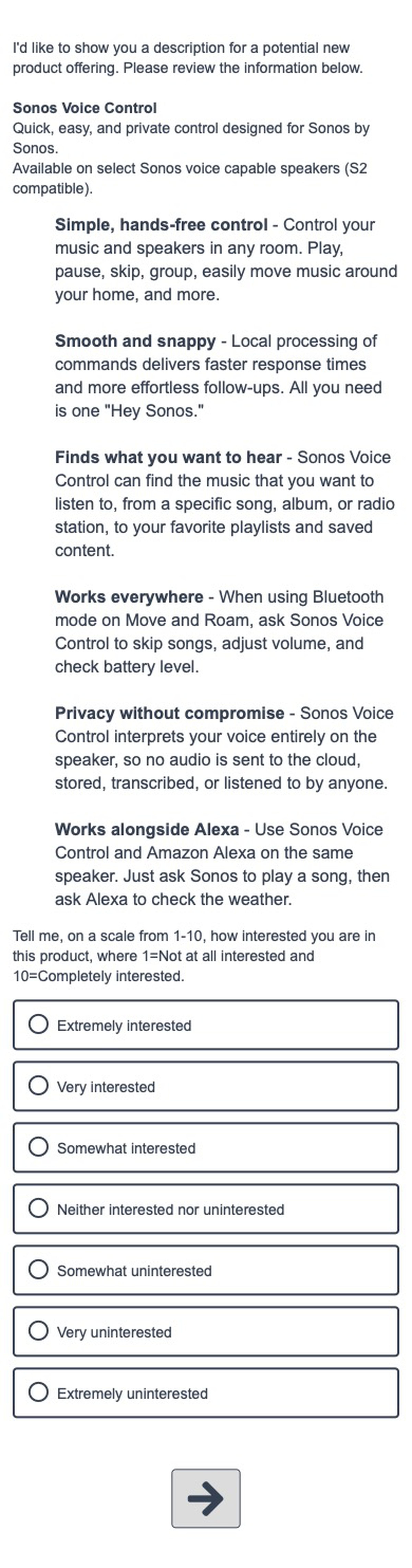 Sonos’ survey asking for customer input on a new voice control system.