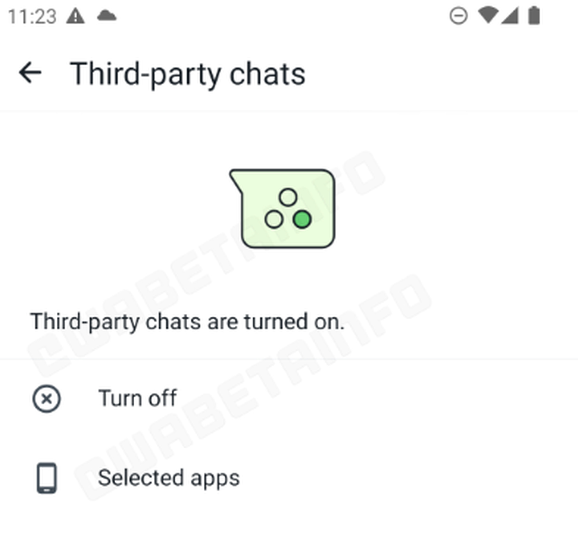 A screenshot of the third-party chats management screen in the WhatsApp beta.