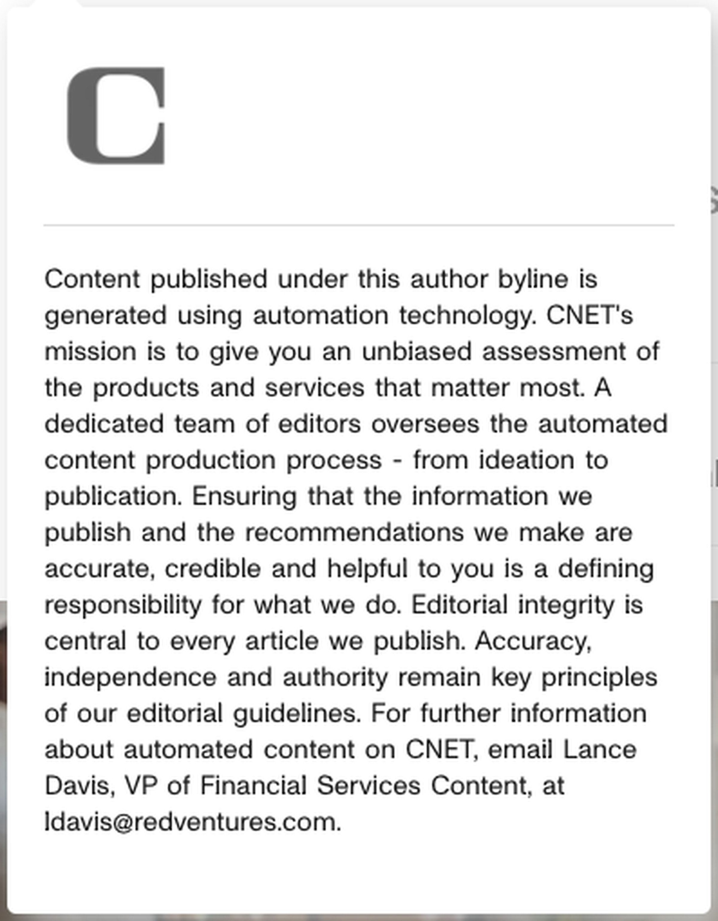A screenshot of CNET’s AI disclosure.