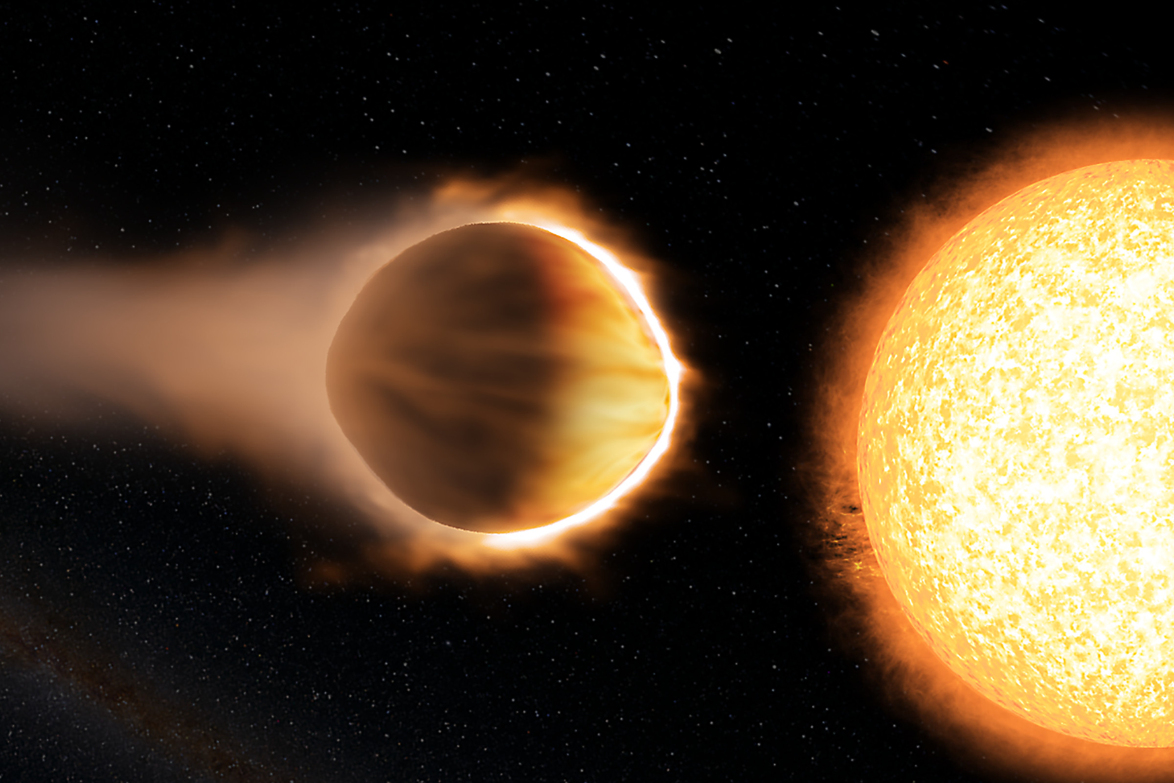 An illustration of WASP-121b, a super hot gas giant found to have a stratosphere