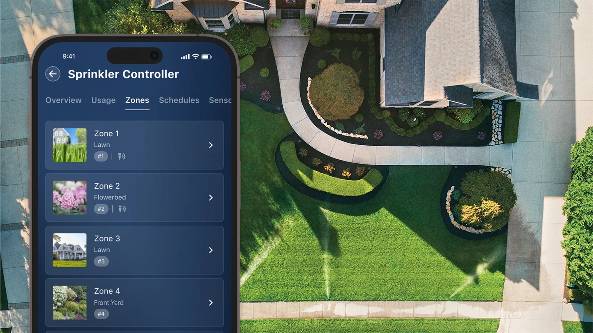 A phone displaying the Moen smart water app over a top-down view of a beautiful garden.