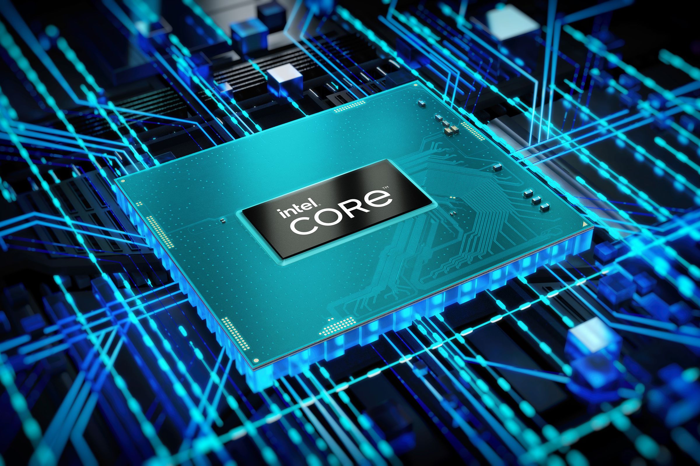 A mobile processor that reads “Intel Core” on a background of illuminated blue and green nodes.