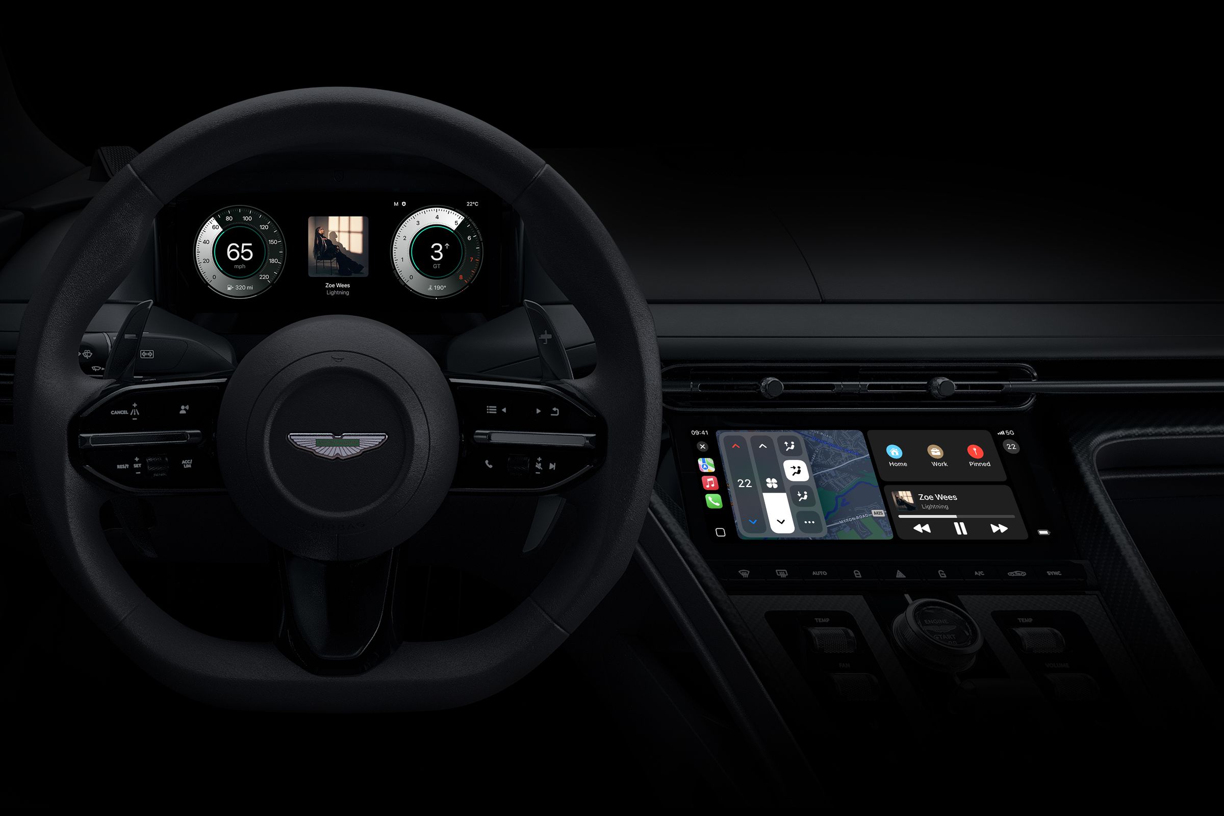 Simulated image of Apple CarPlay in-car setup from Aston Martin, controlling the in-dash display and infotainment center.