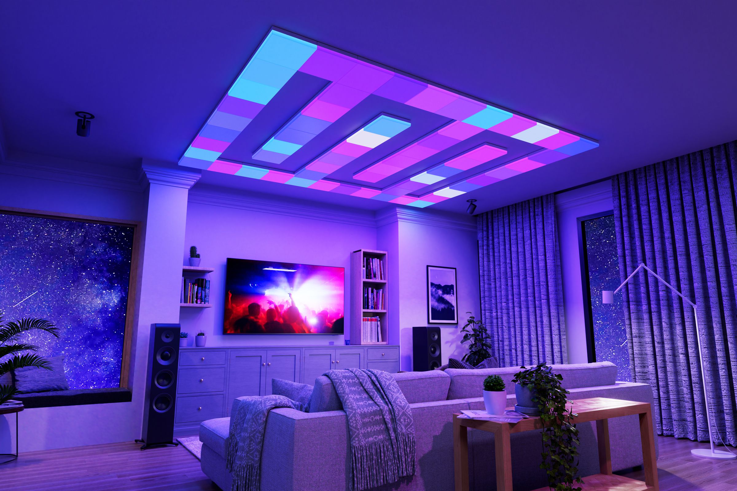 Nanoleaf’s smart LED ceiling lights lighting up a room with blue and purple lights.