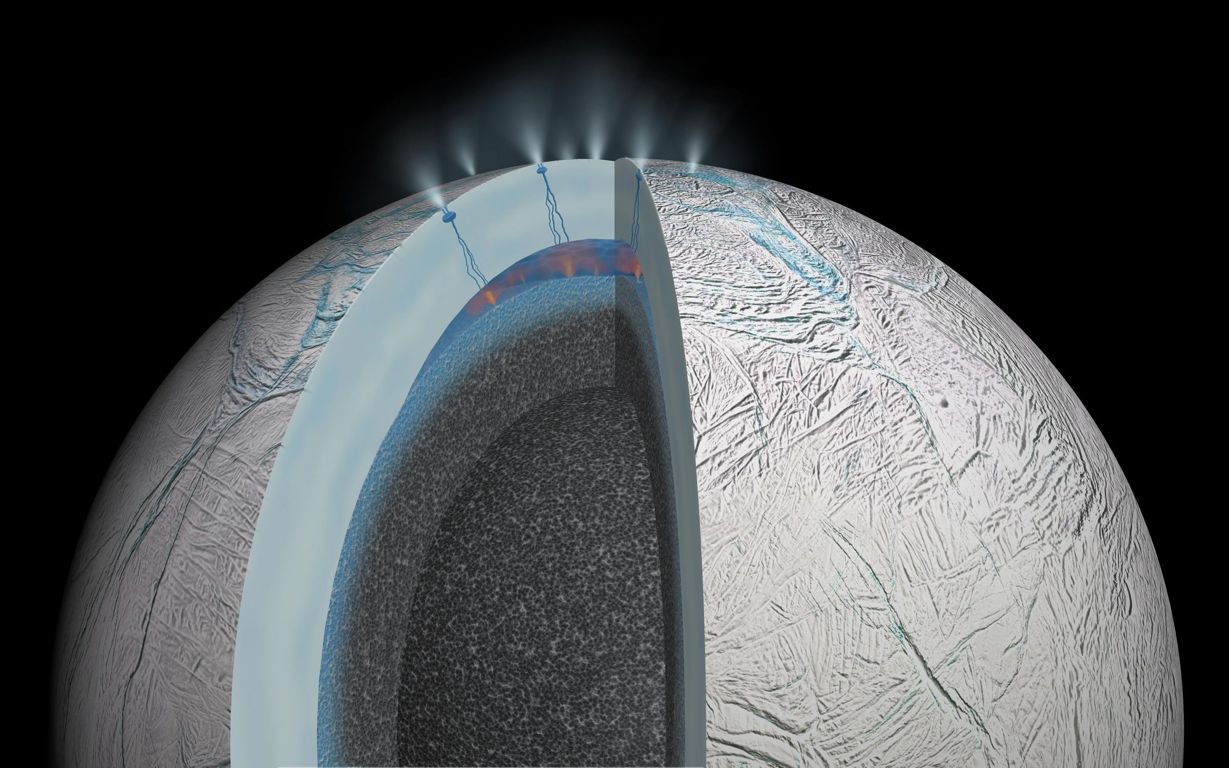 An artist rendering of possible hydrothermal activity on Enceladus.