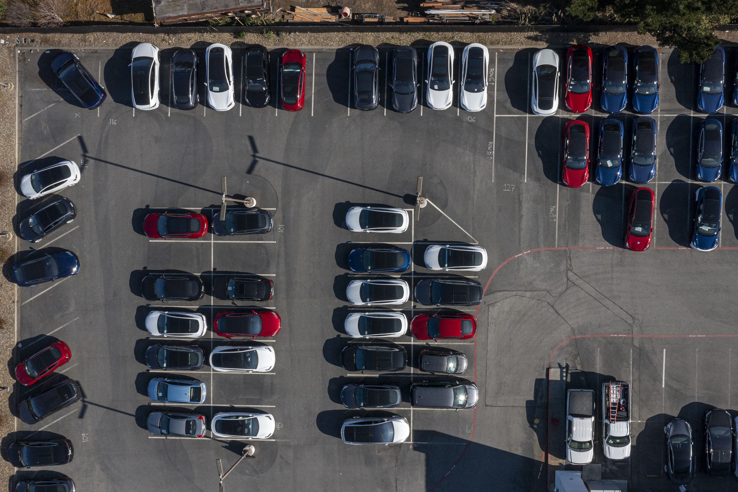 Tesla vehicles in a parking lot
