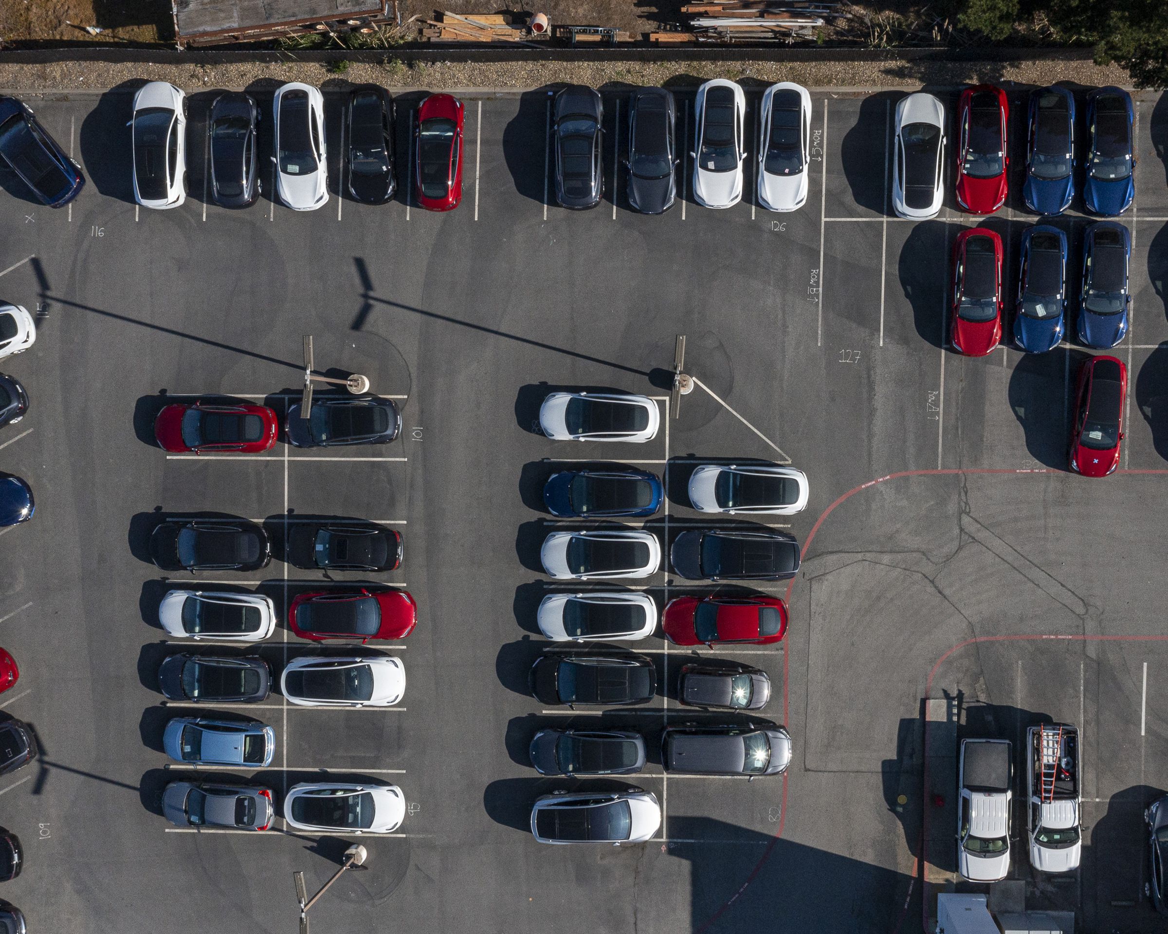 Tesla vehicles in a parking lot
