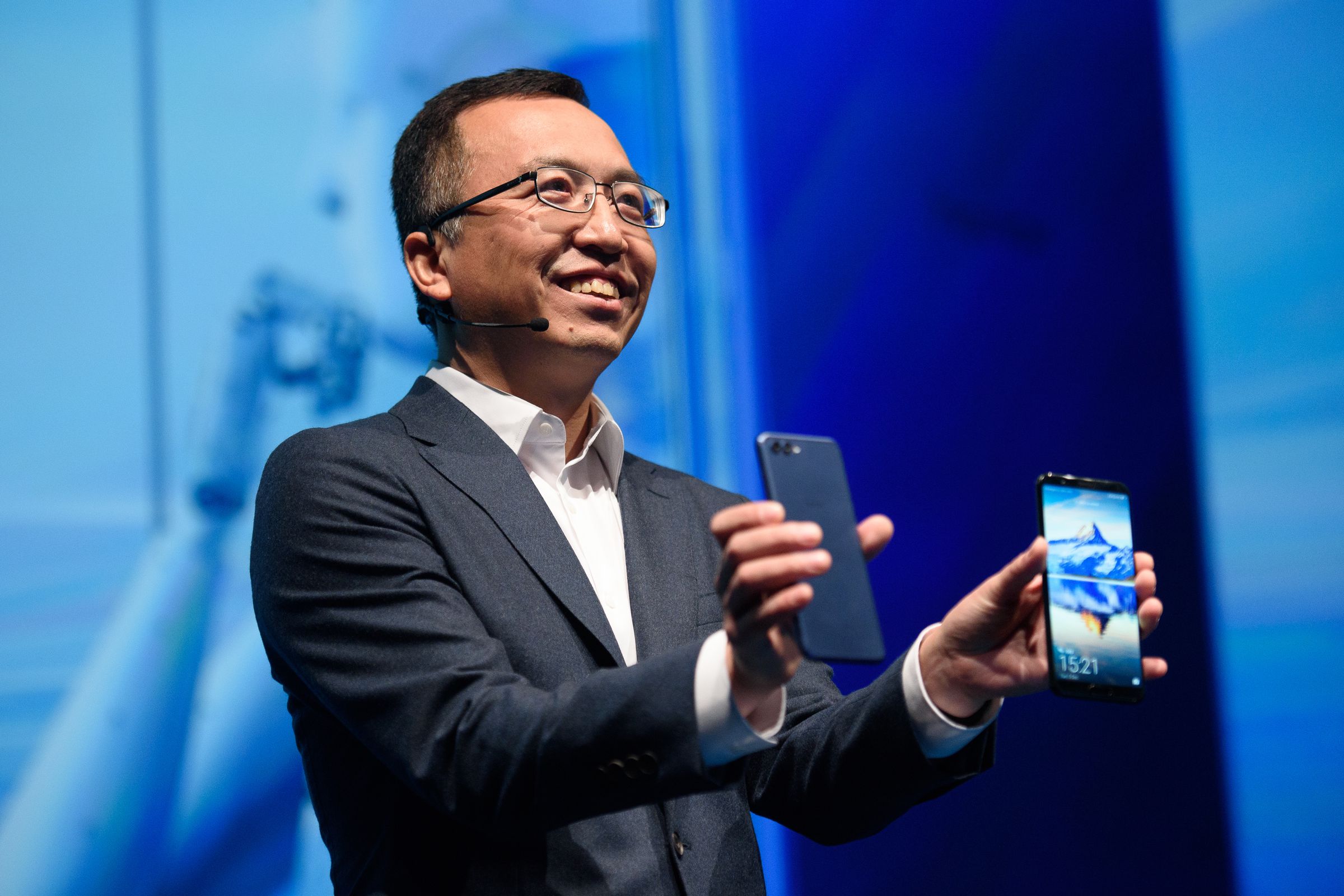President of Honor, George Zhao unveils two new Honor products; Honor 7X a full view screen display handset and Honor V10, a new artificial intelligence handset, at the global launch event on December 5, 2017 in London, England.
