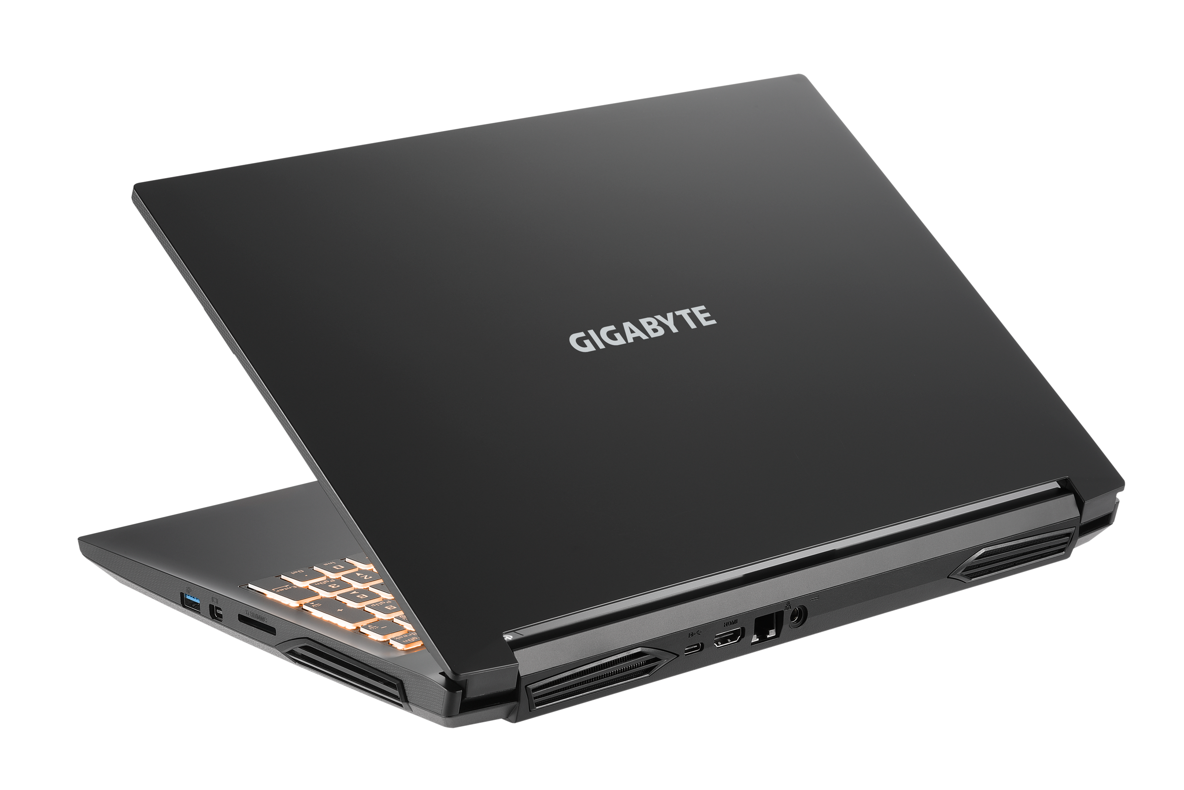 The Gigabyte G5 angled away from the camera, half closed, with the Gigabyte logo visible.