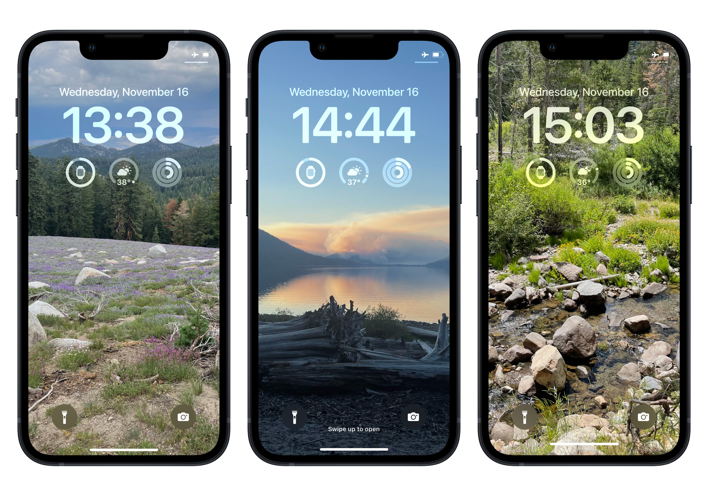 Screenshots of three iPhone lockscreens, one showing a mountain field, one showing a lake, and one showing a stream.