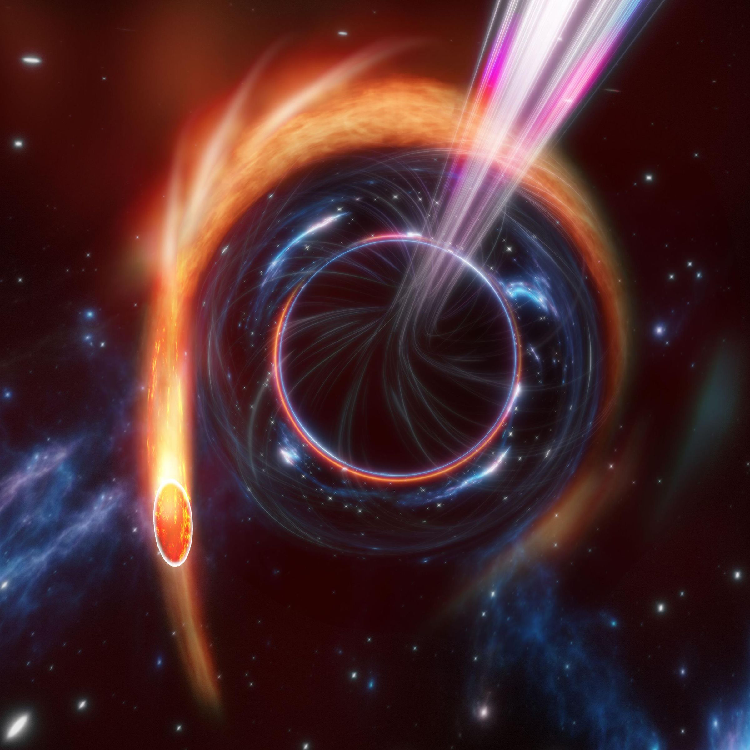 An illustration of an orange star being swirled apart against a stretched-out starscape. At the center of the image is a jet of pink light emanating from a dark area, a black hole.