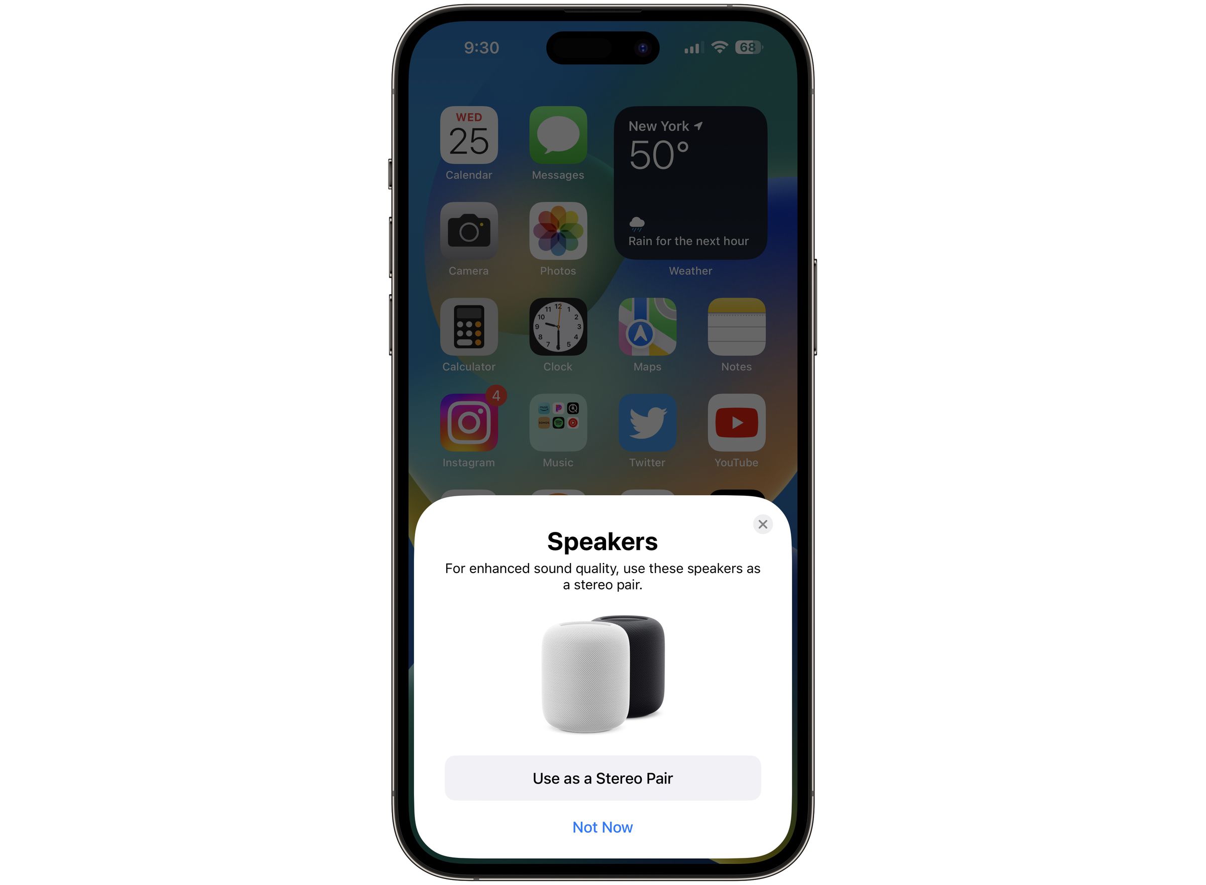A screenshot showing the option to stereo pair two HomePods.