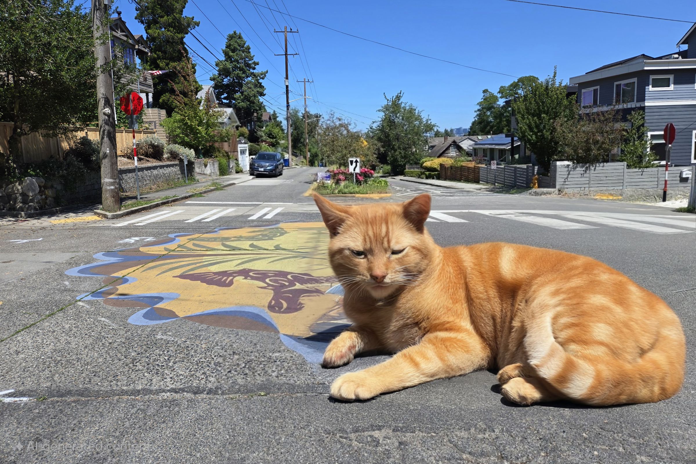 A photo of an intersection with colorful mural on the ground and a large AI-generated orange cat lying down.