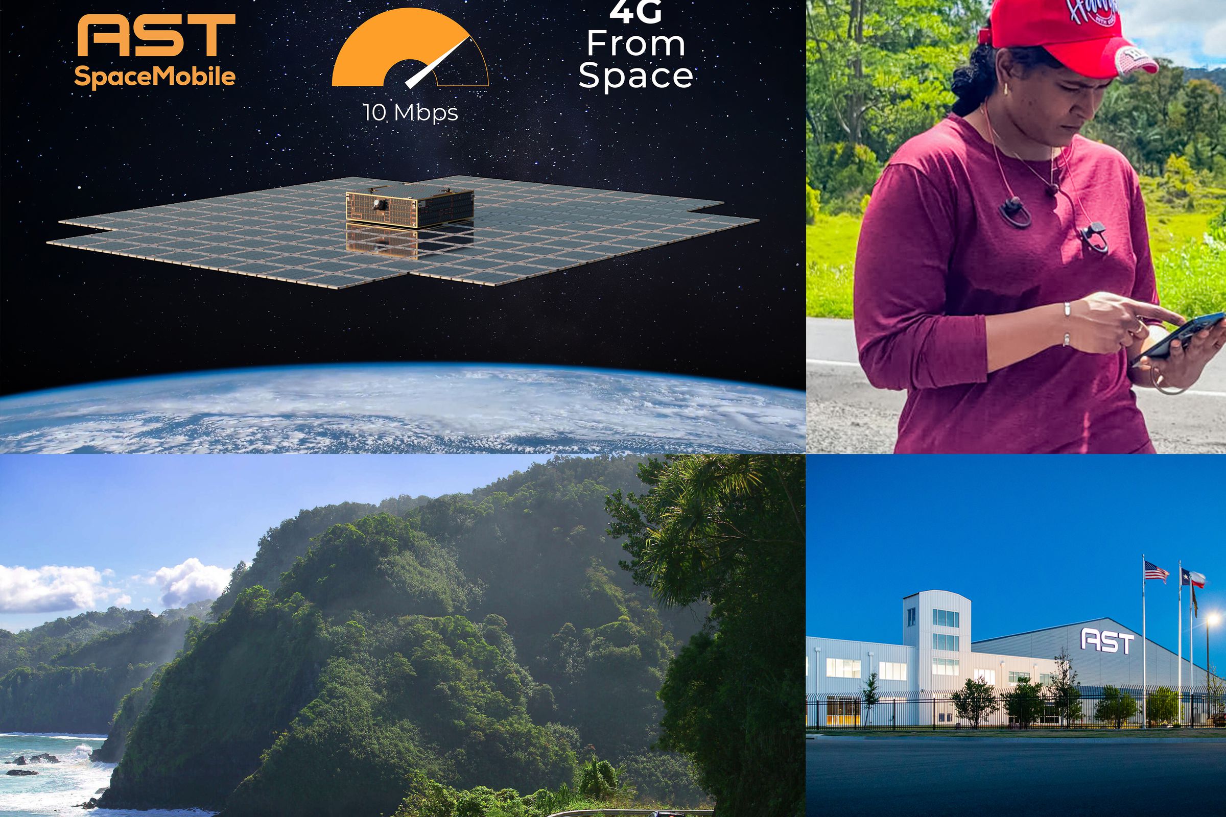 A collage of images showing the satellite array, a person using a cell phone, a hawaiian vista, and an AST building.