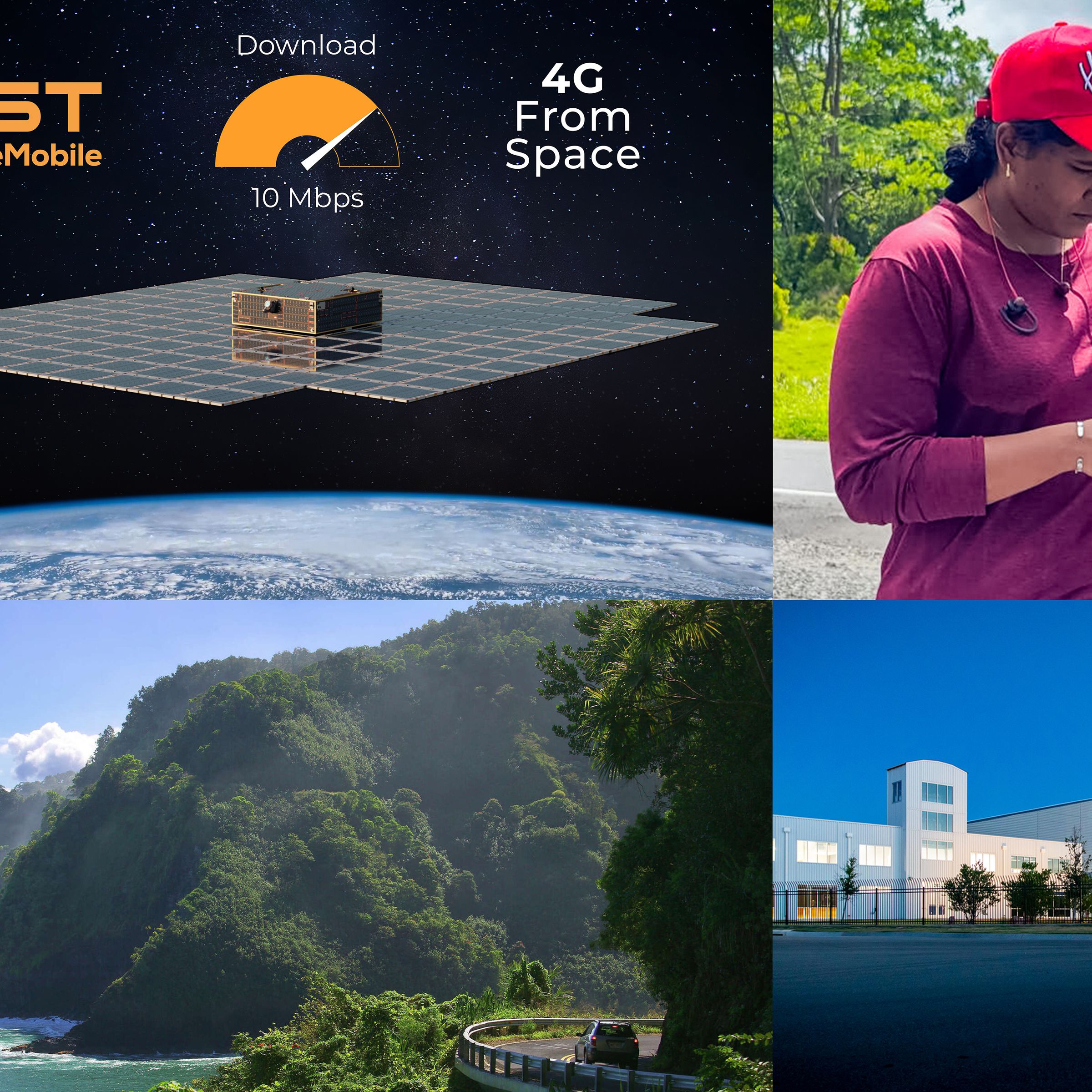 A collage of images showing the satellite array, a person using a cell phone, a hawaiian vista, and an AST building.