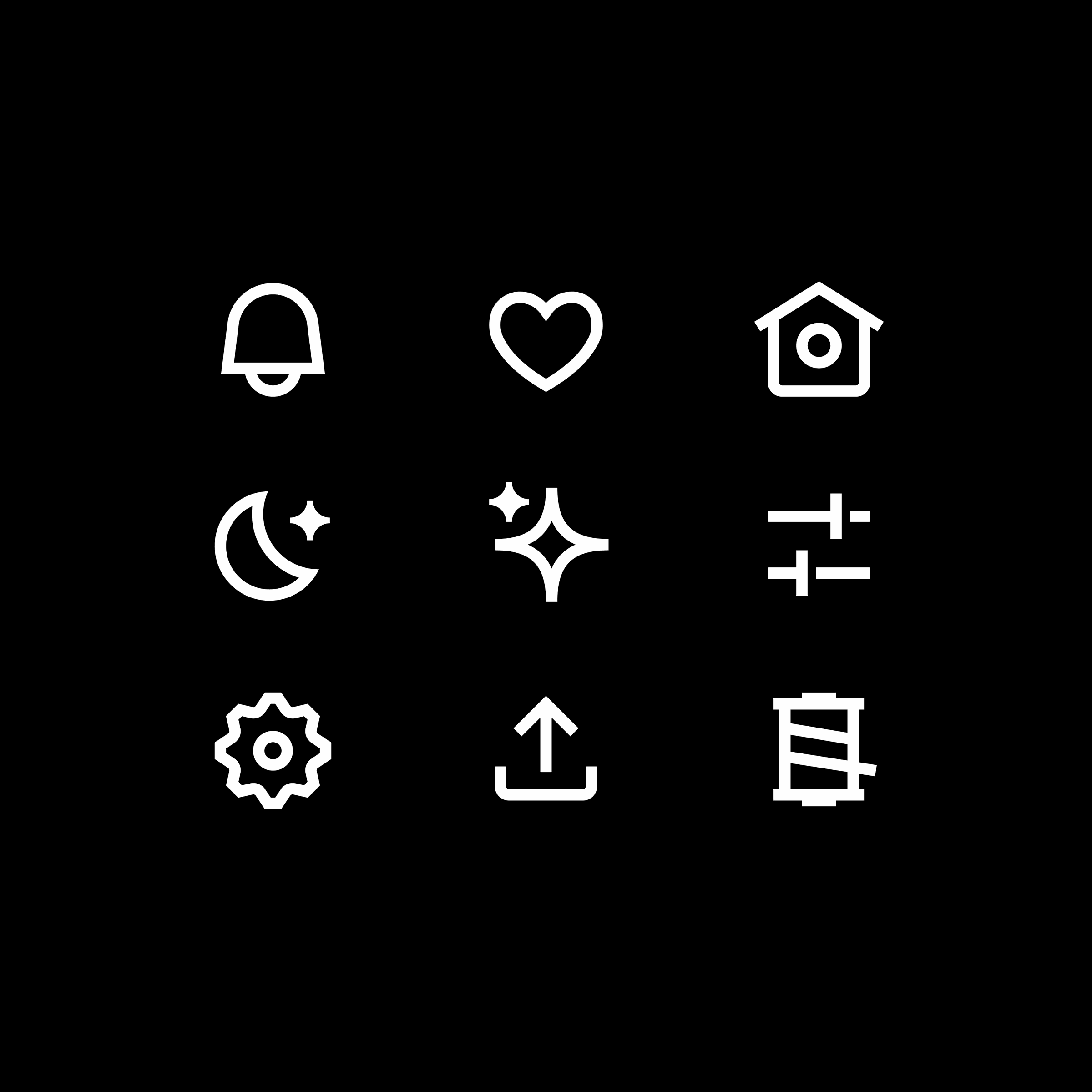 Some of Twitter’s new icons in white on a black background.