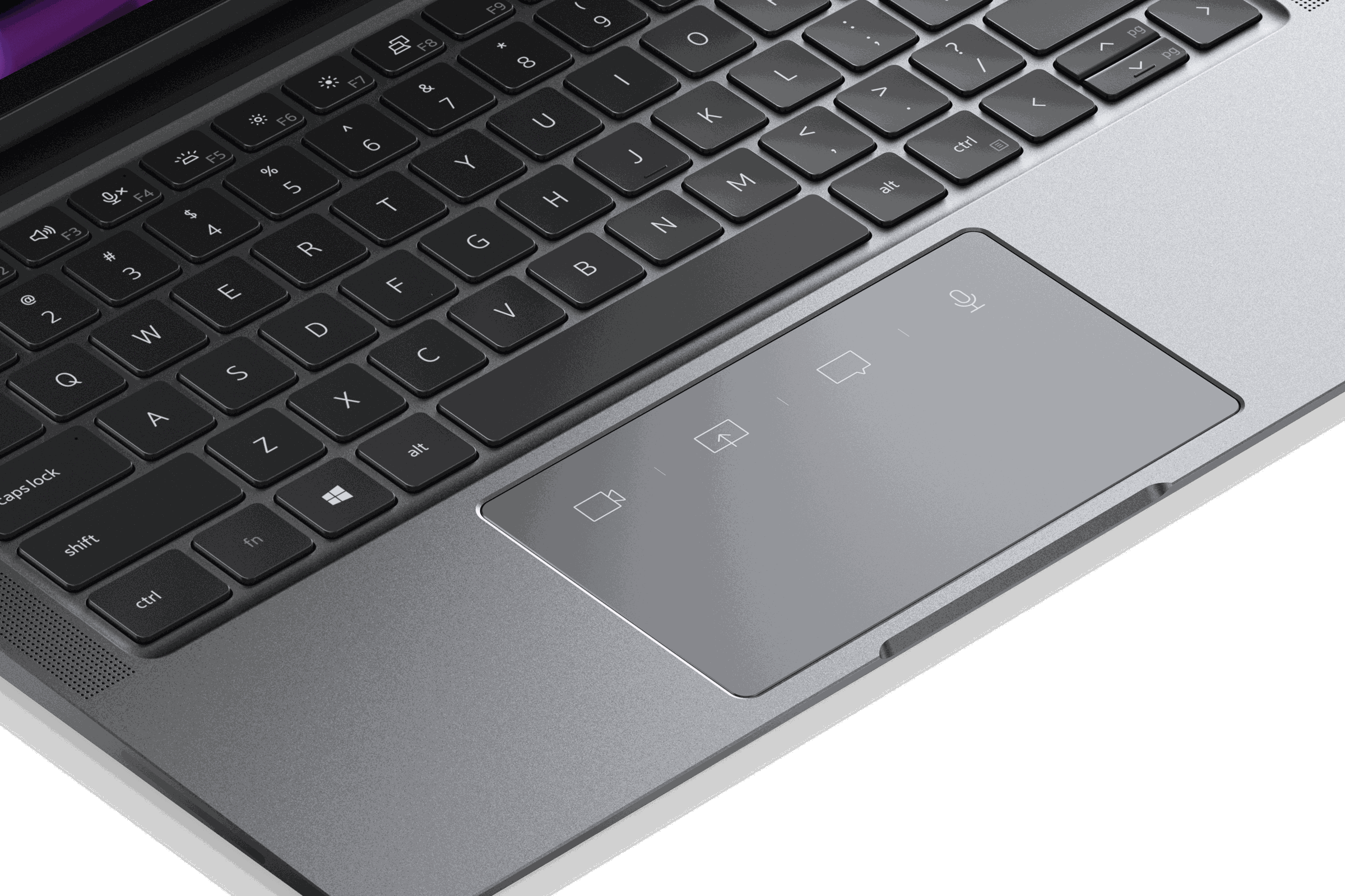 The touchpad of the Dell Latitude 9330 with touchpad buttons illuminated seen from above.