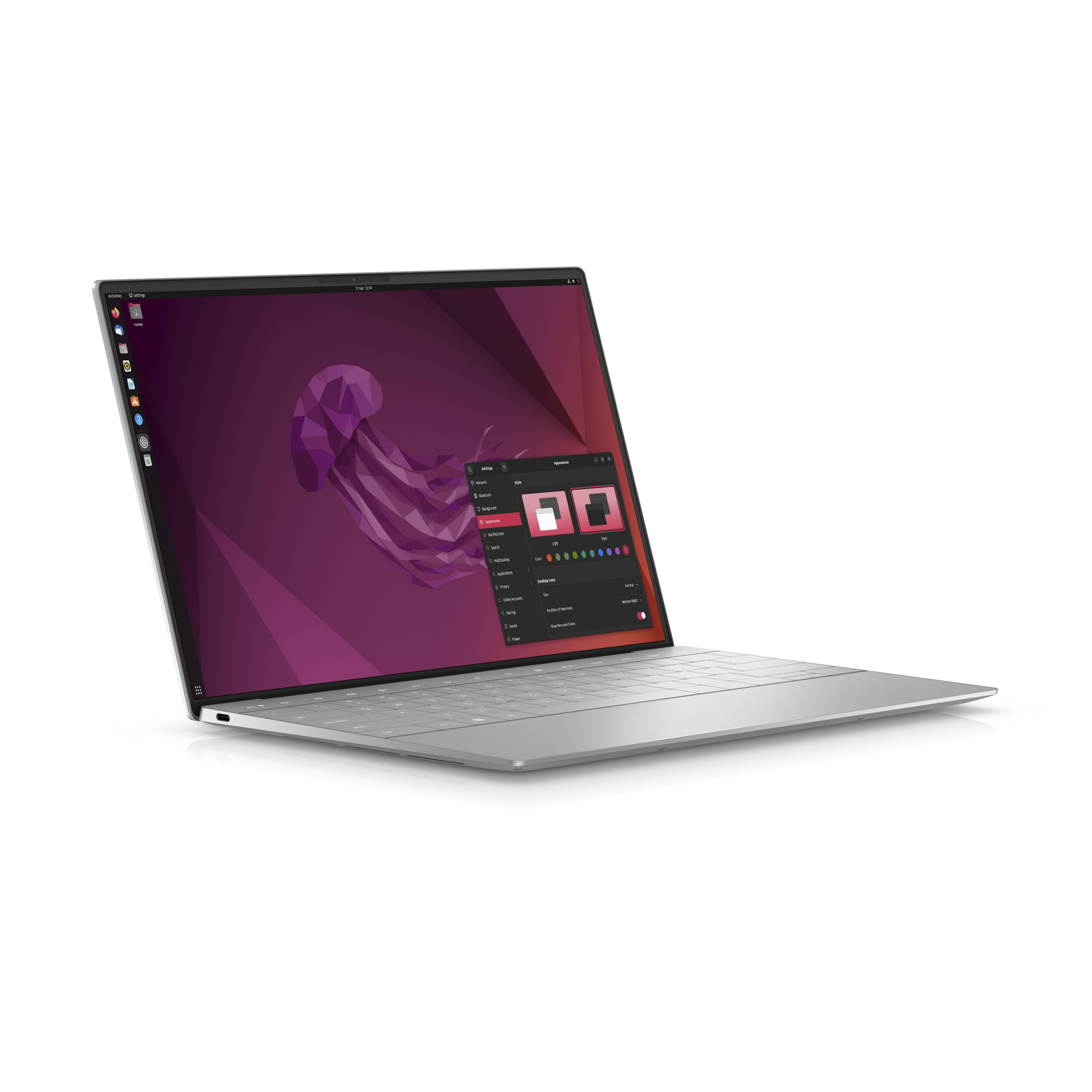 The XPS 13 Plus Developer’s Edition open on a white background. The screen displays a purple desktop with the settings menu open.