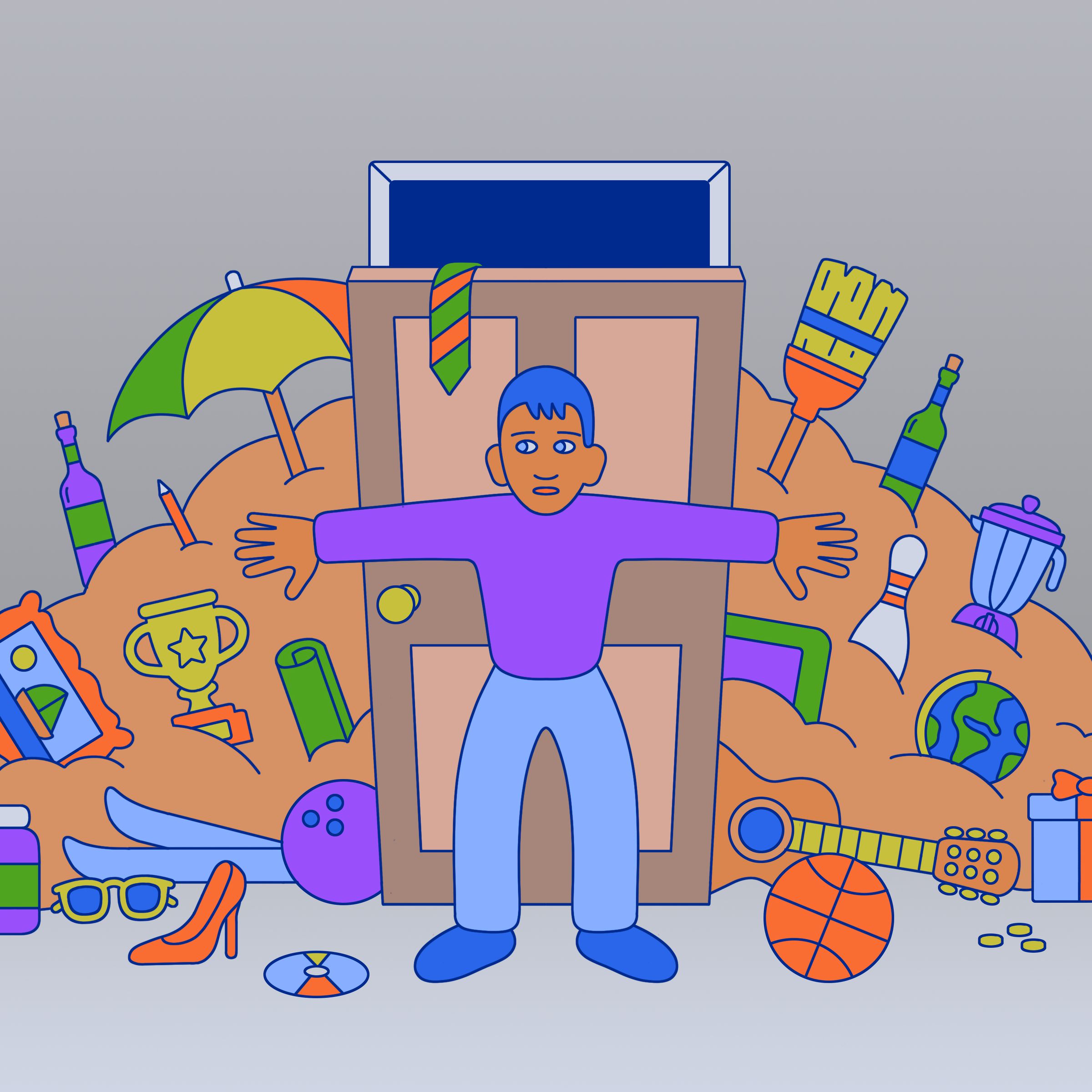 Illustration of a person holding back a mountain of stuff on the other side of a door.
