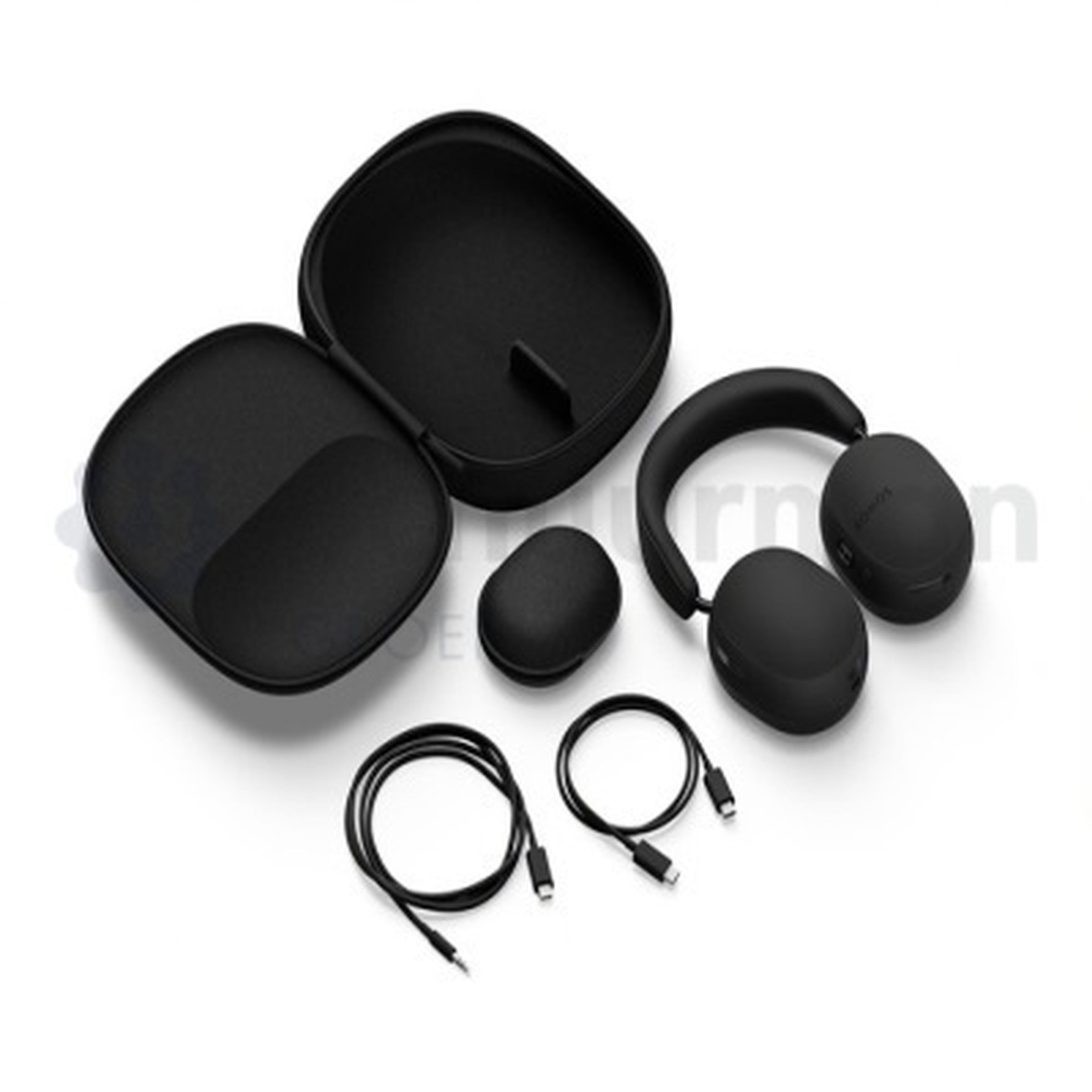 A photo of the Sonos Ace headphones, accessories, and carrying case.