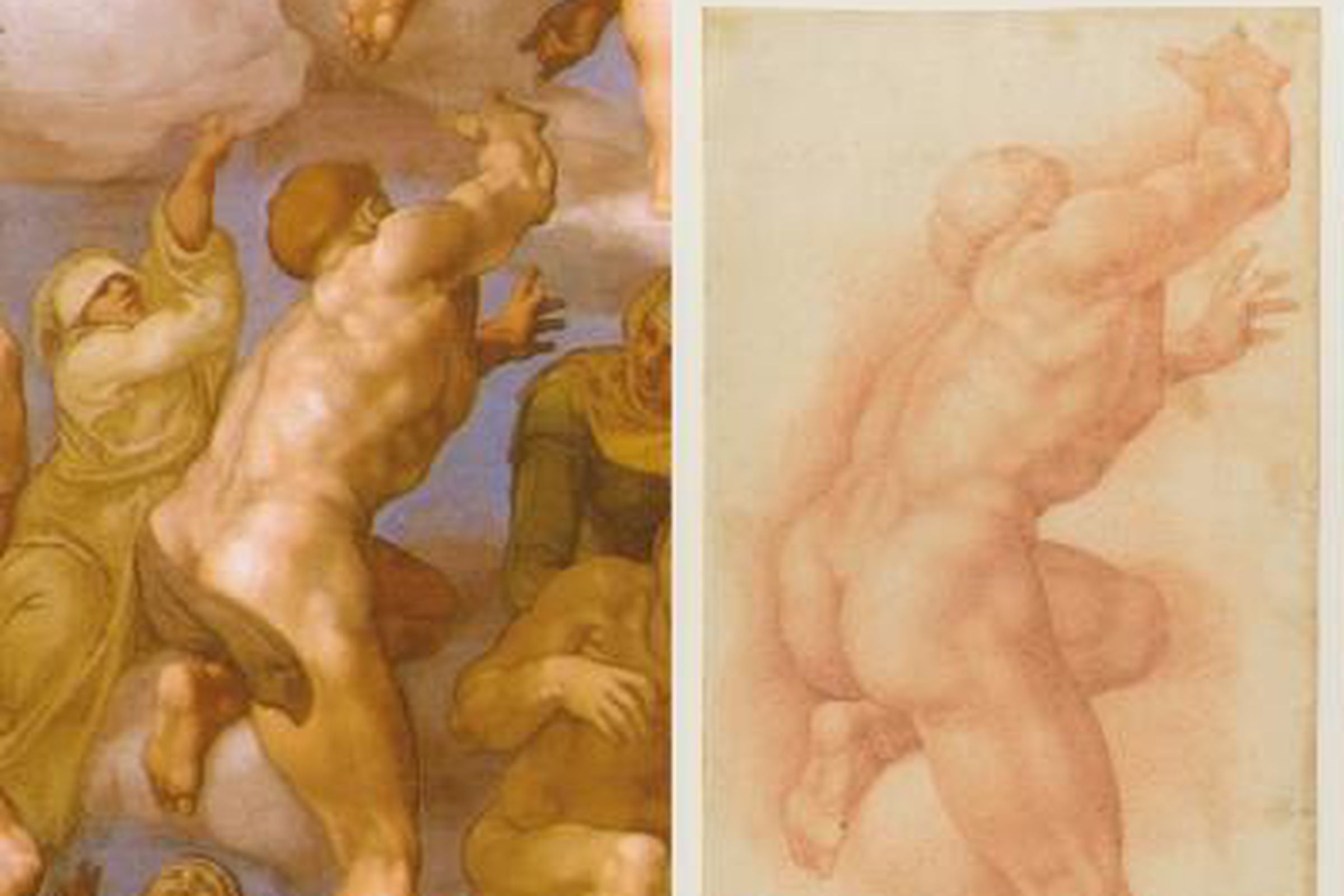 Detail from “Ascesa Dei Beati,” part of Michelangelo Buonarroti’s Sistine Chapel. On the right is a 16th century drawing reproducing the same detail. An inscription “di mano di Michelangelo” (from Michelangelo’s hand), on the bottom-left side of the drawing, was hidden by a tape and revealed after restoration.