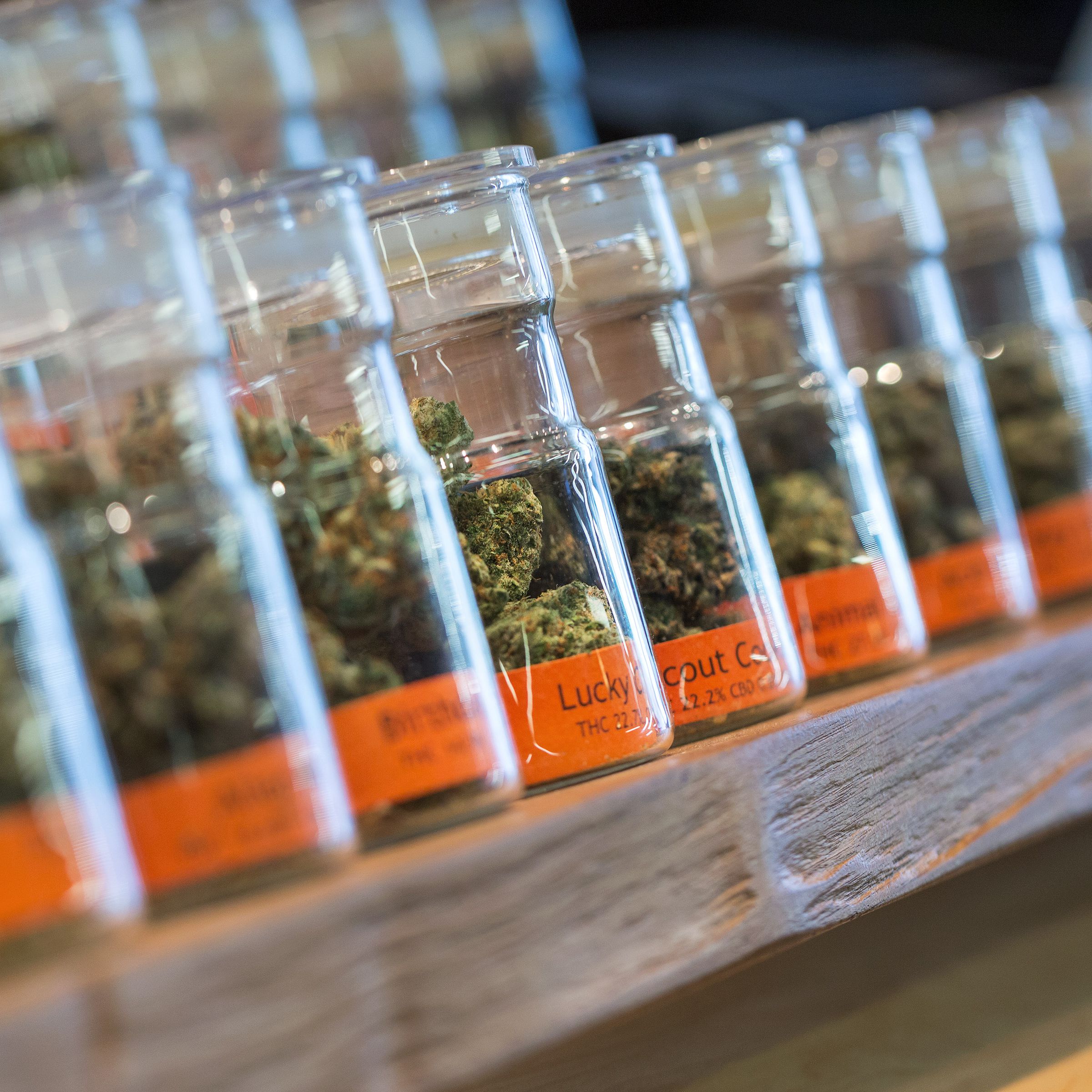 Jars of marijuana at a dispensary 