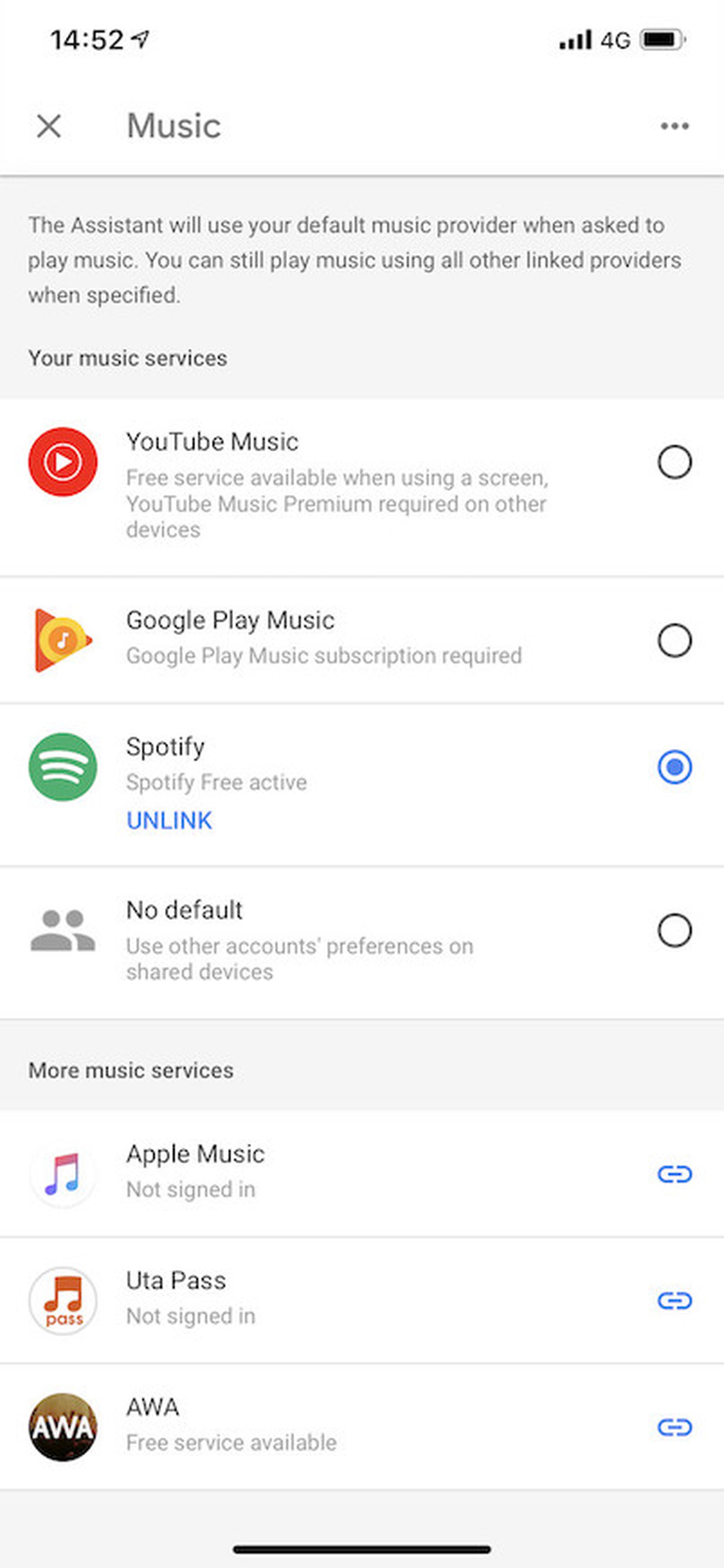 Apple Music now listed in the Music section of the Google Home app.