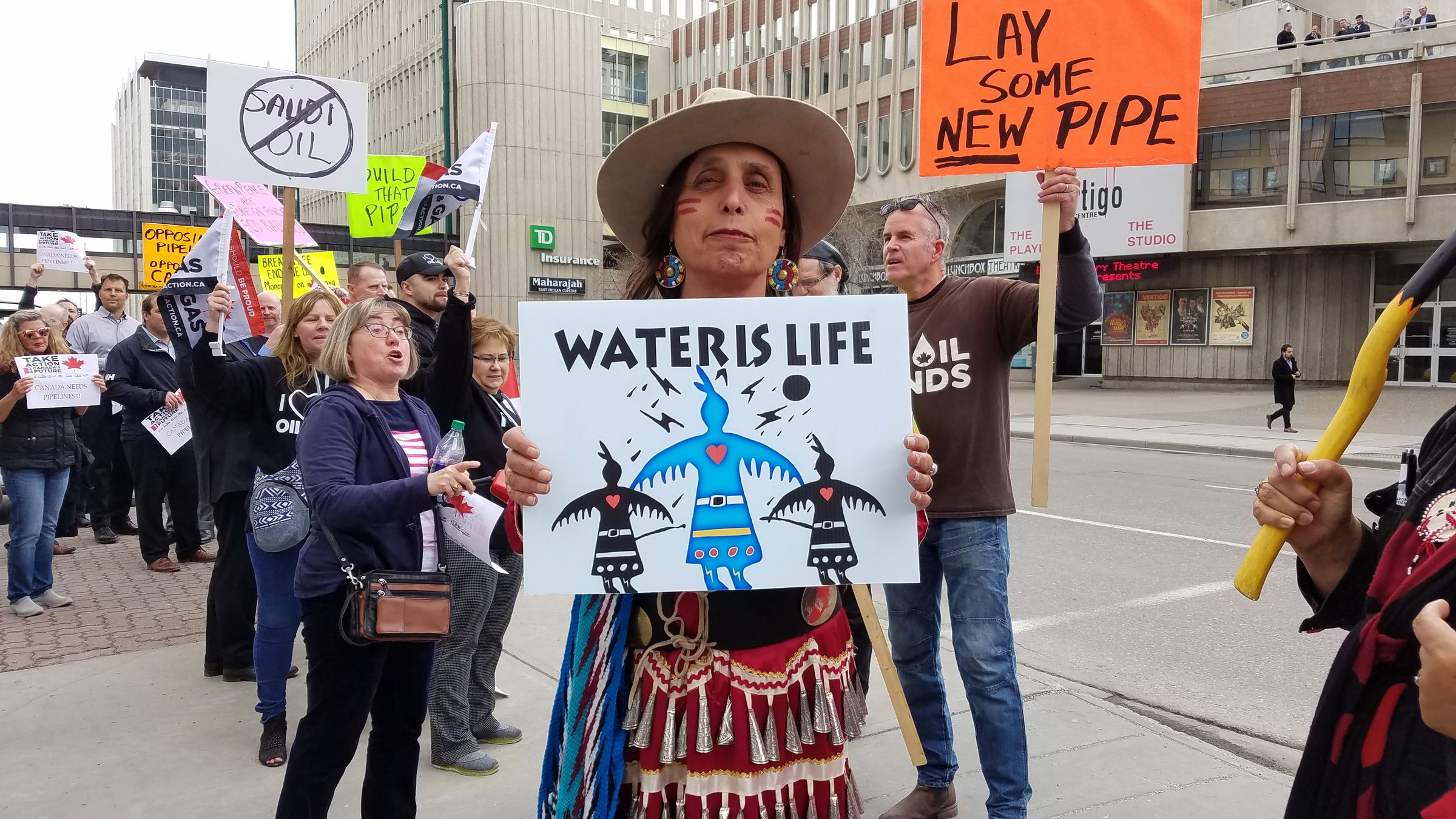 Winona LaDuke protesting in Calgary at an Enbridge shareholders meeting.
