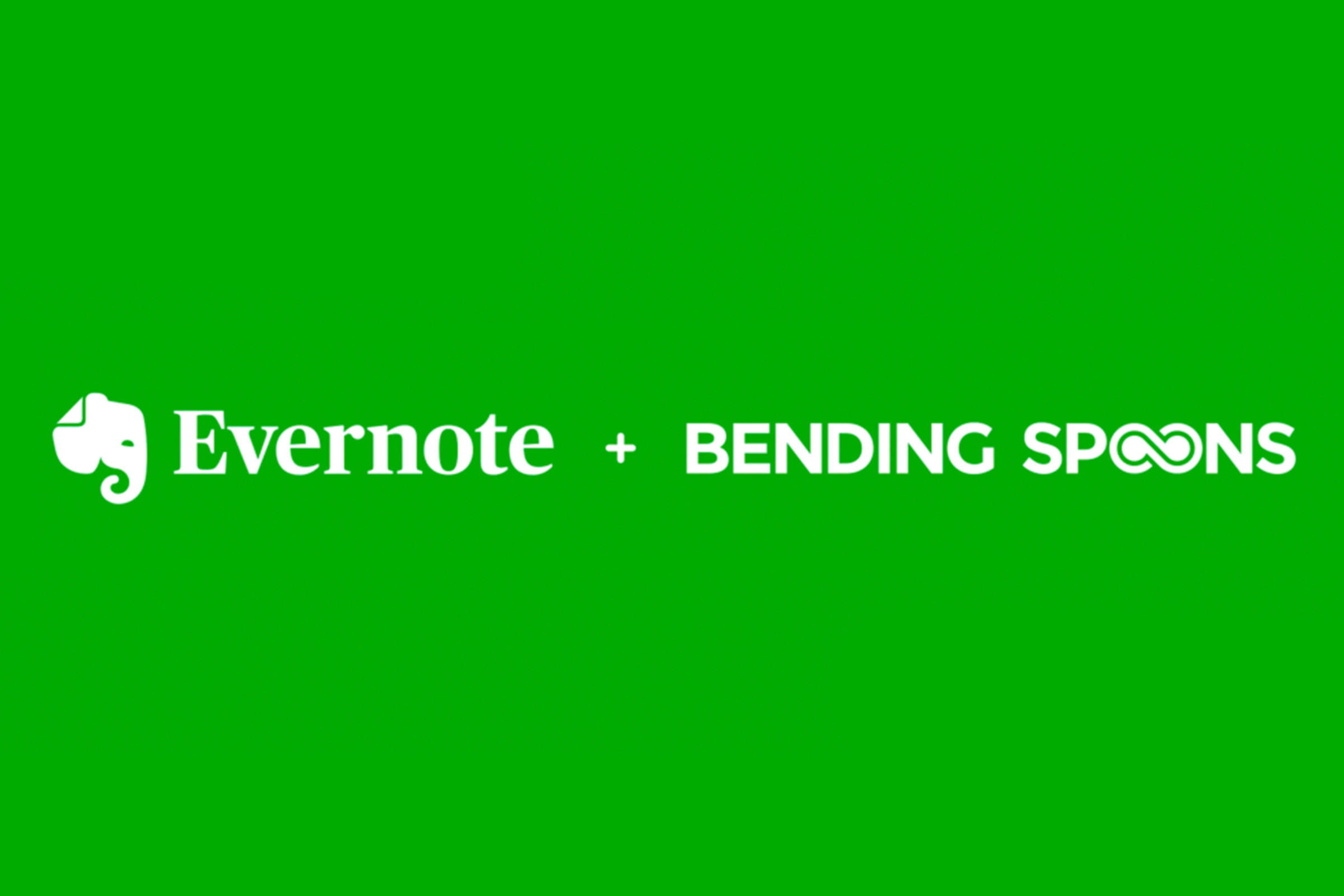A green background with the Evernote name and logo and the Bending Spoons logo imprinted on it in white.