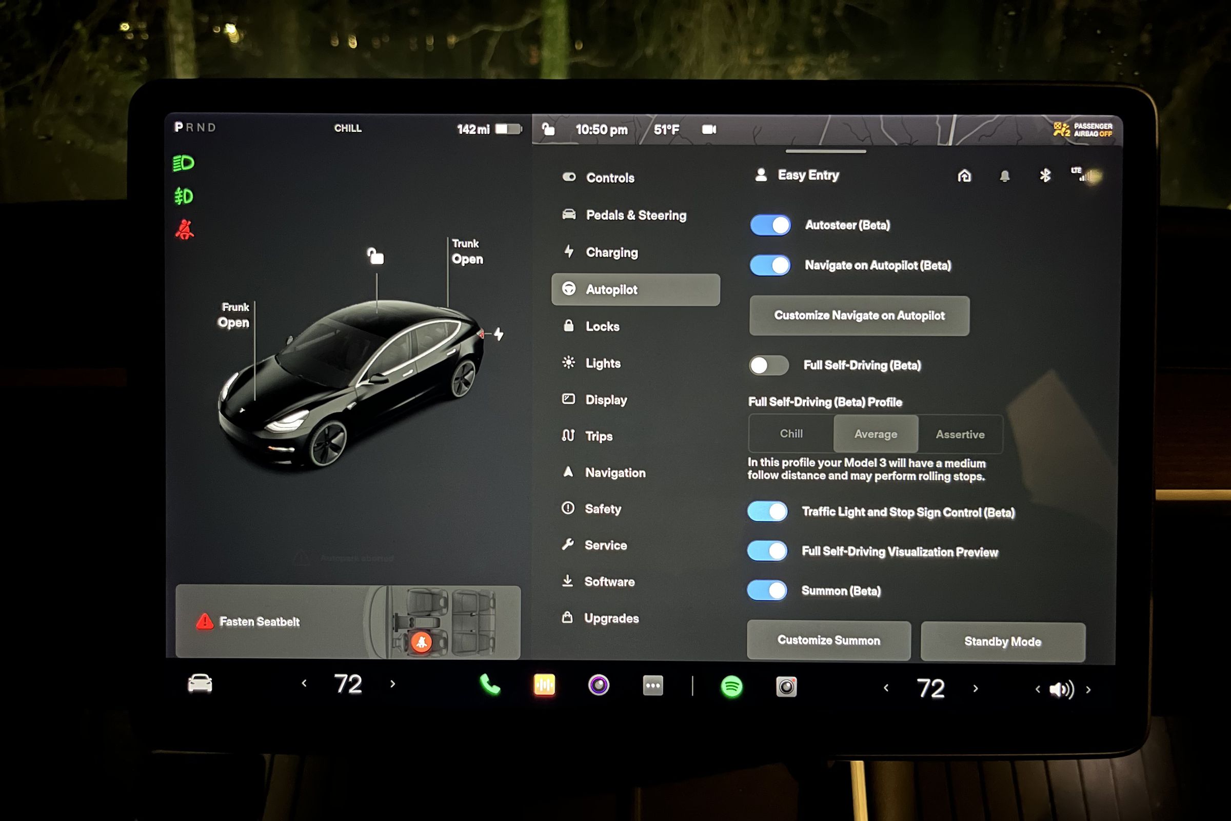 Autopilot settings with auto-steer beta enabled and navigate on Autopilot enabled.