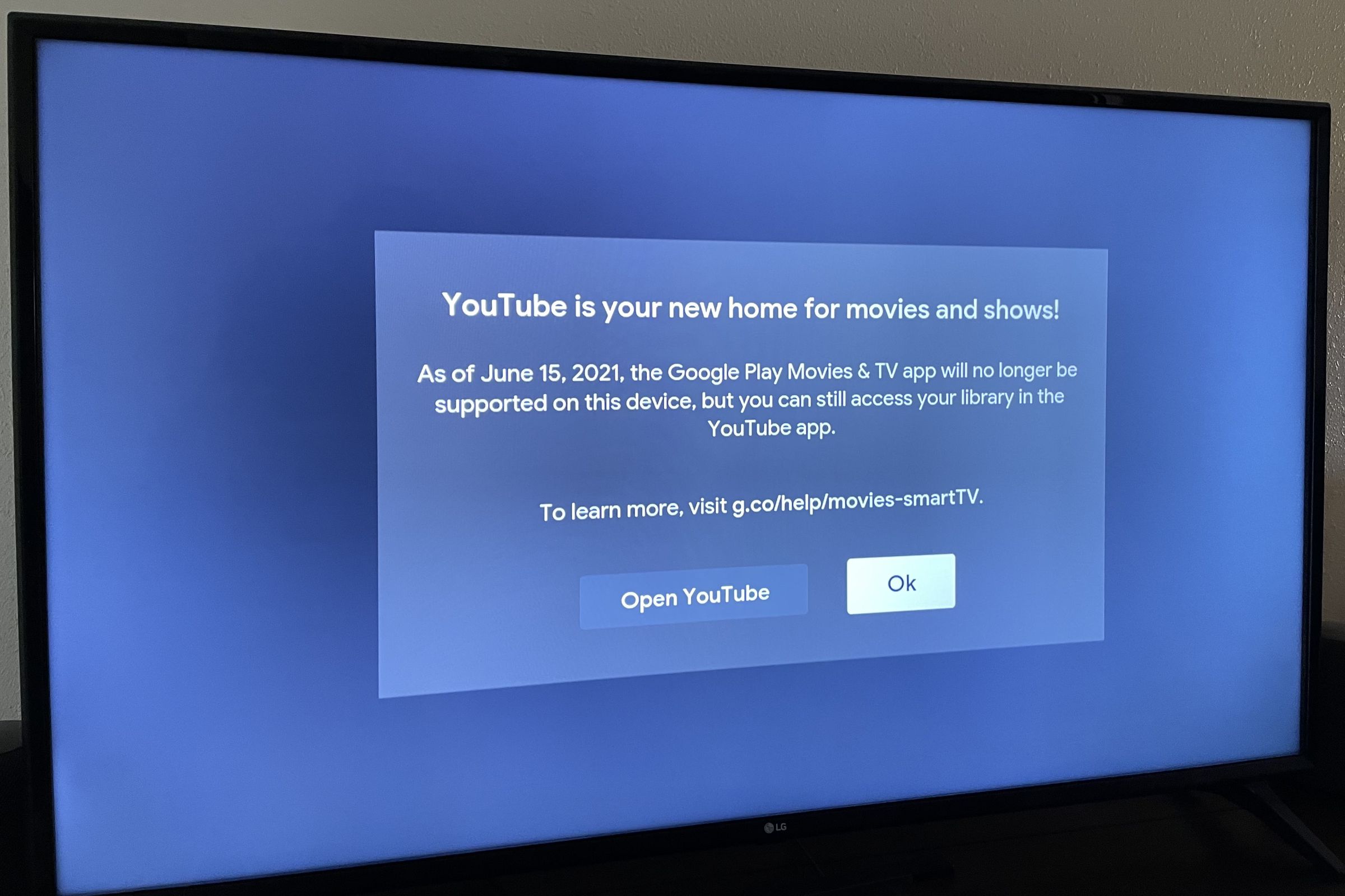 A warning message about the changeover to YouTube on an LG Smart TV