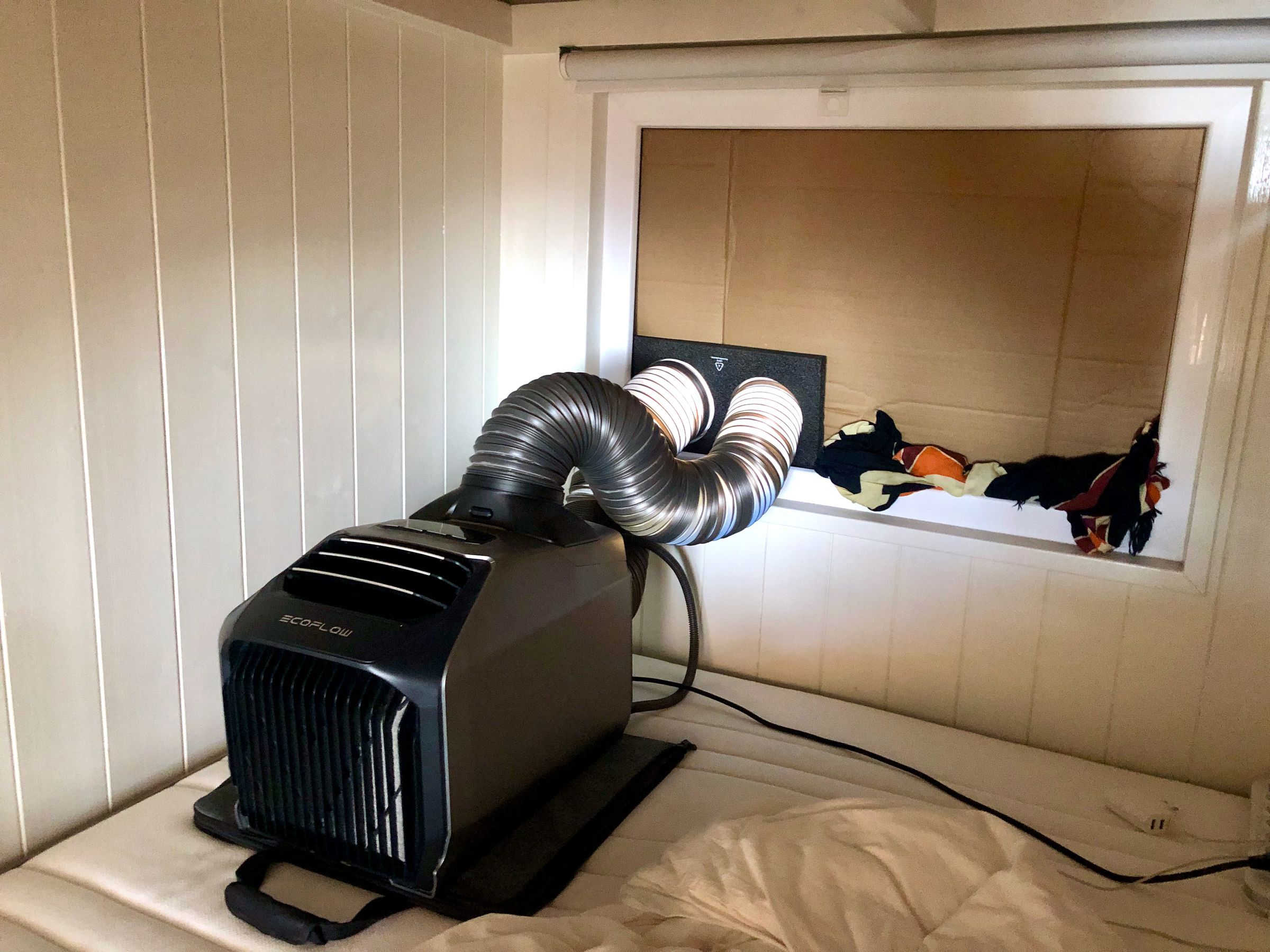 Had to put the Wave 2 on the bed of this 800 cubic foot surf shack to reach the only window that could be used for the external exhaust and intake ducts.