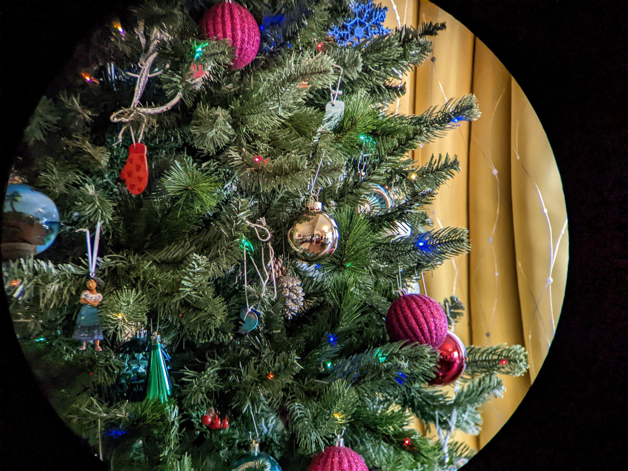 christmas decorations close up through lens
