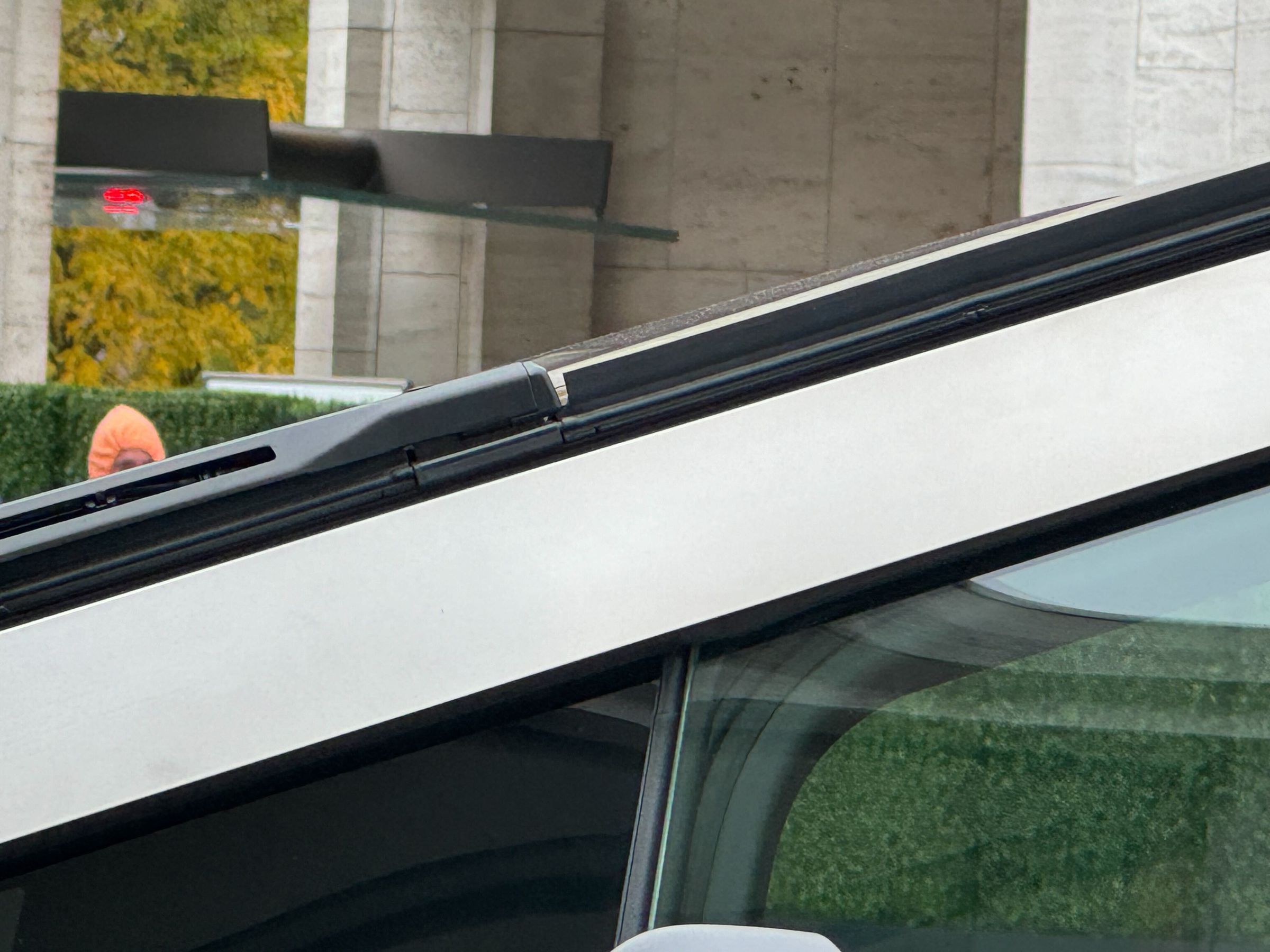 The Tesla Cybertruck Wiper viewed from the driver side, showing that it appears to be two piece.