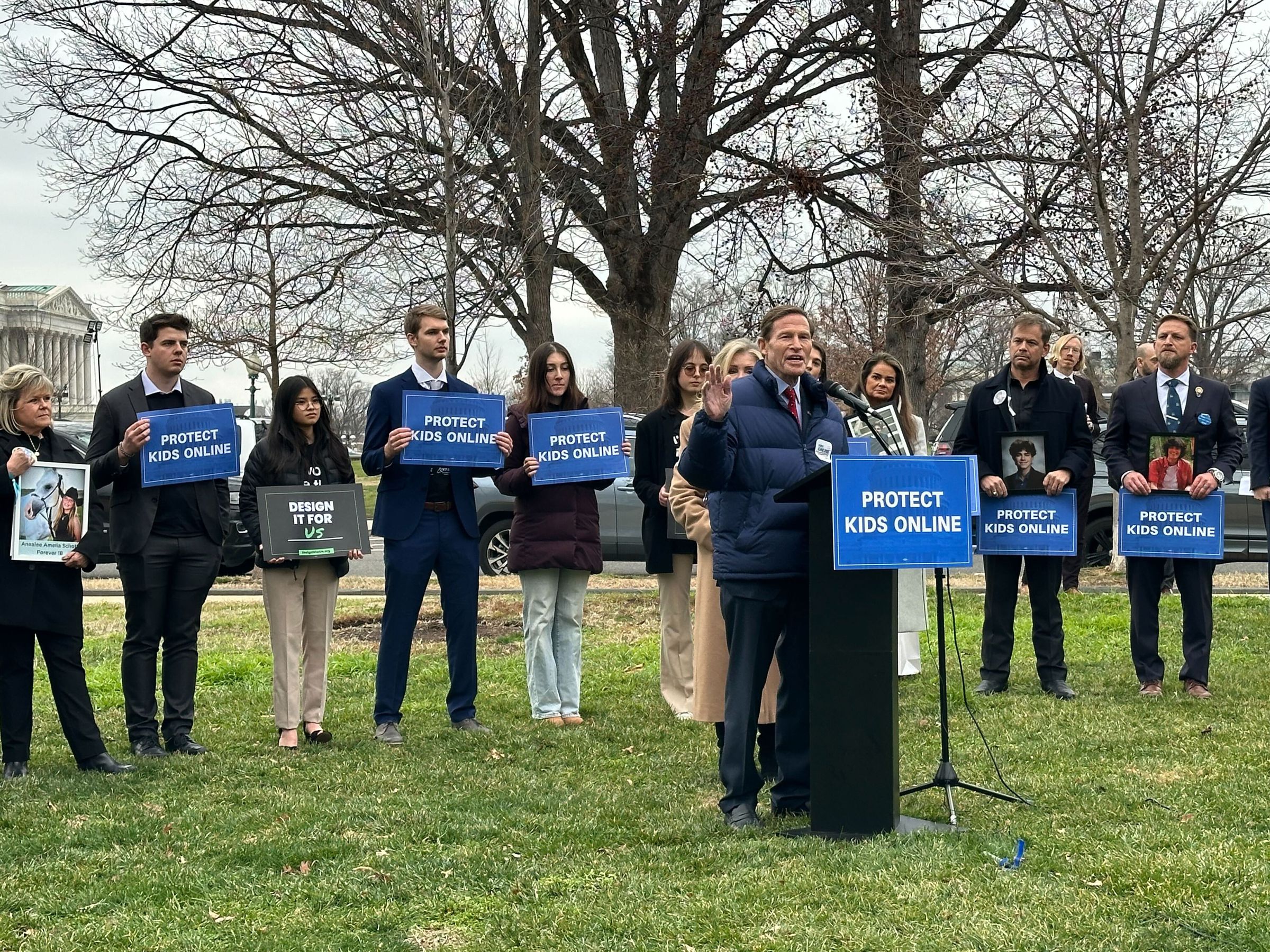 Sen. Richard Blumenthal (D-CT) speaks at a rally for the Kids Online Safety Act following the testimony of the CEOs of Meta, TikTok, Snap, X and Discord.