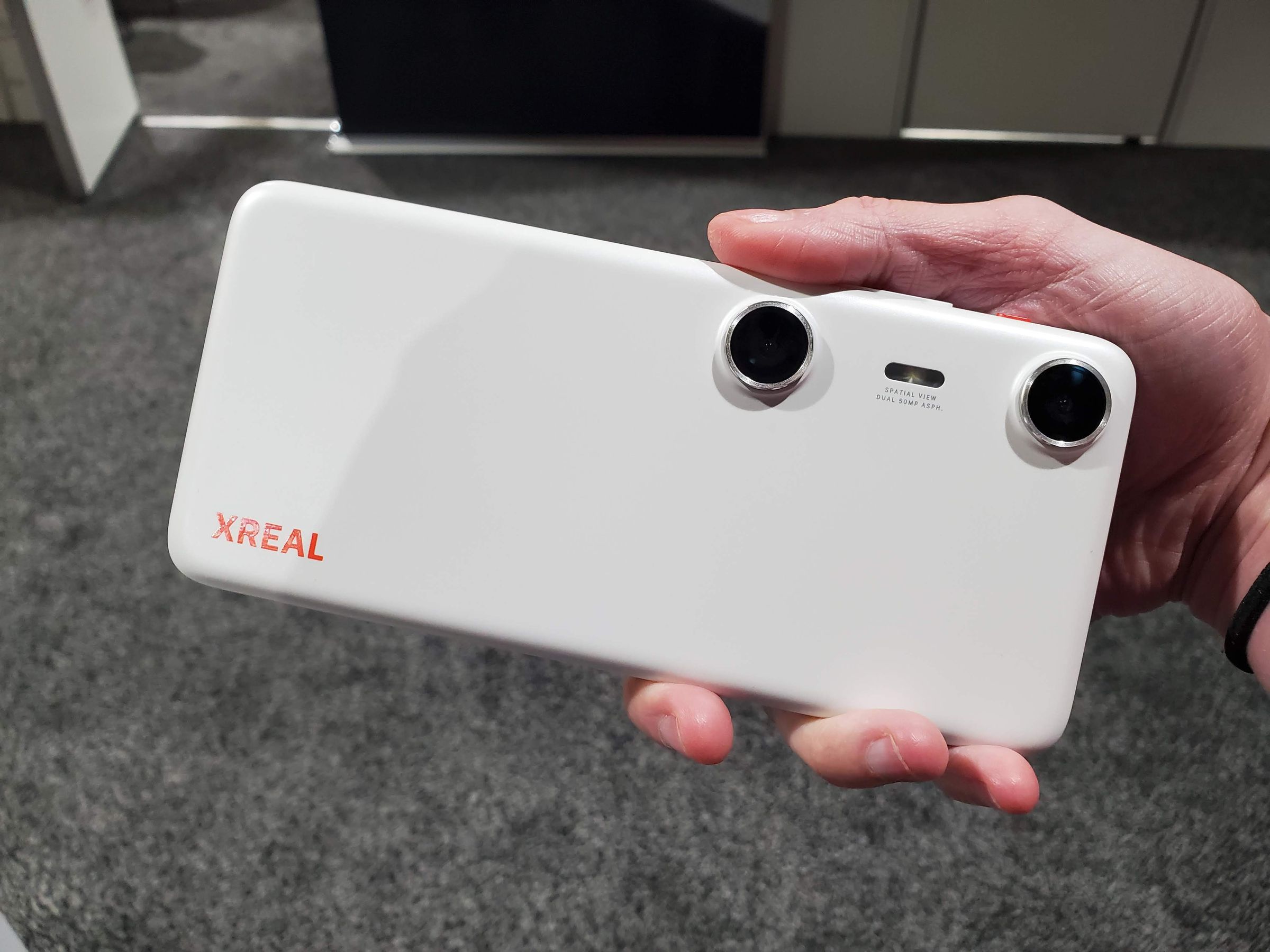 The back of the Xreal Beam Pro, a chunky white Android tablet.