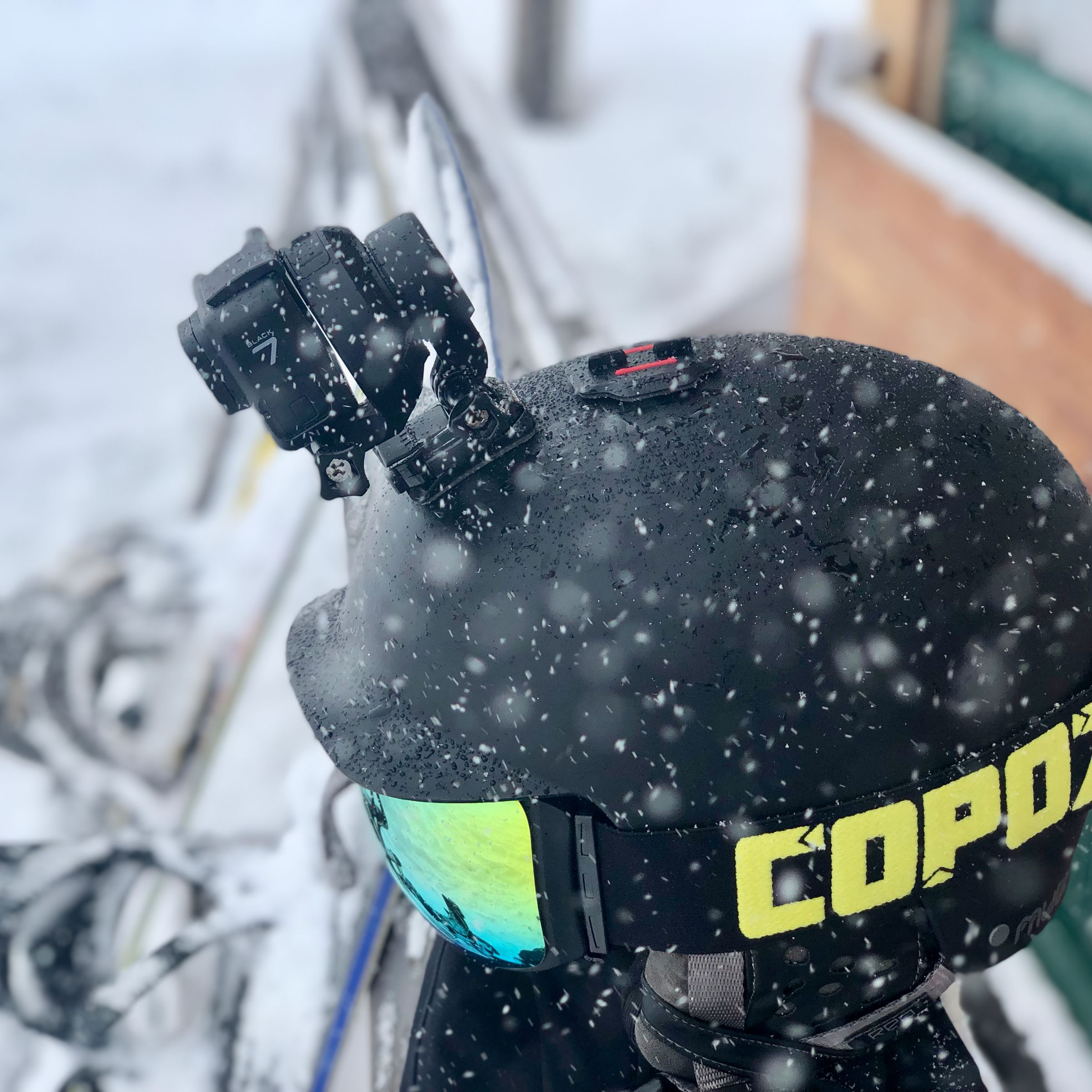 Quark and GoPro Hero7 Black mounted to snowboard helmet.
