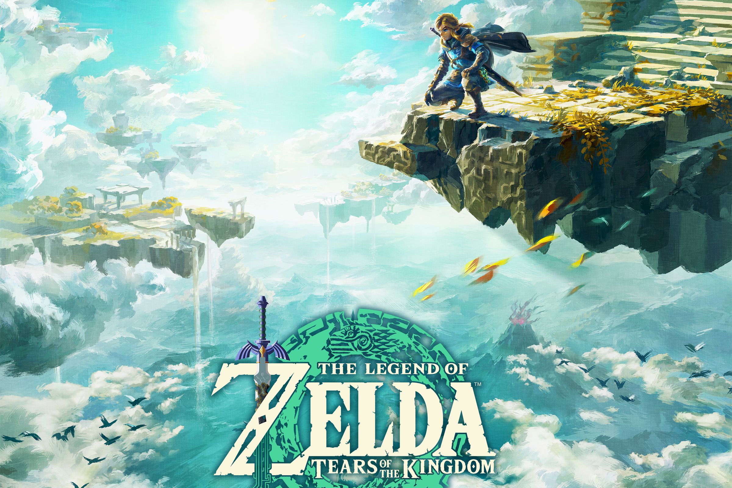 Link, wearing a blue cloak, kneels down at the edge of an island, hovering above the clouds. Other sky islands float in the background.