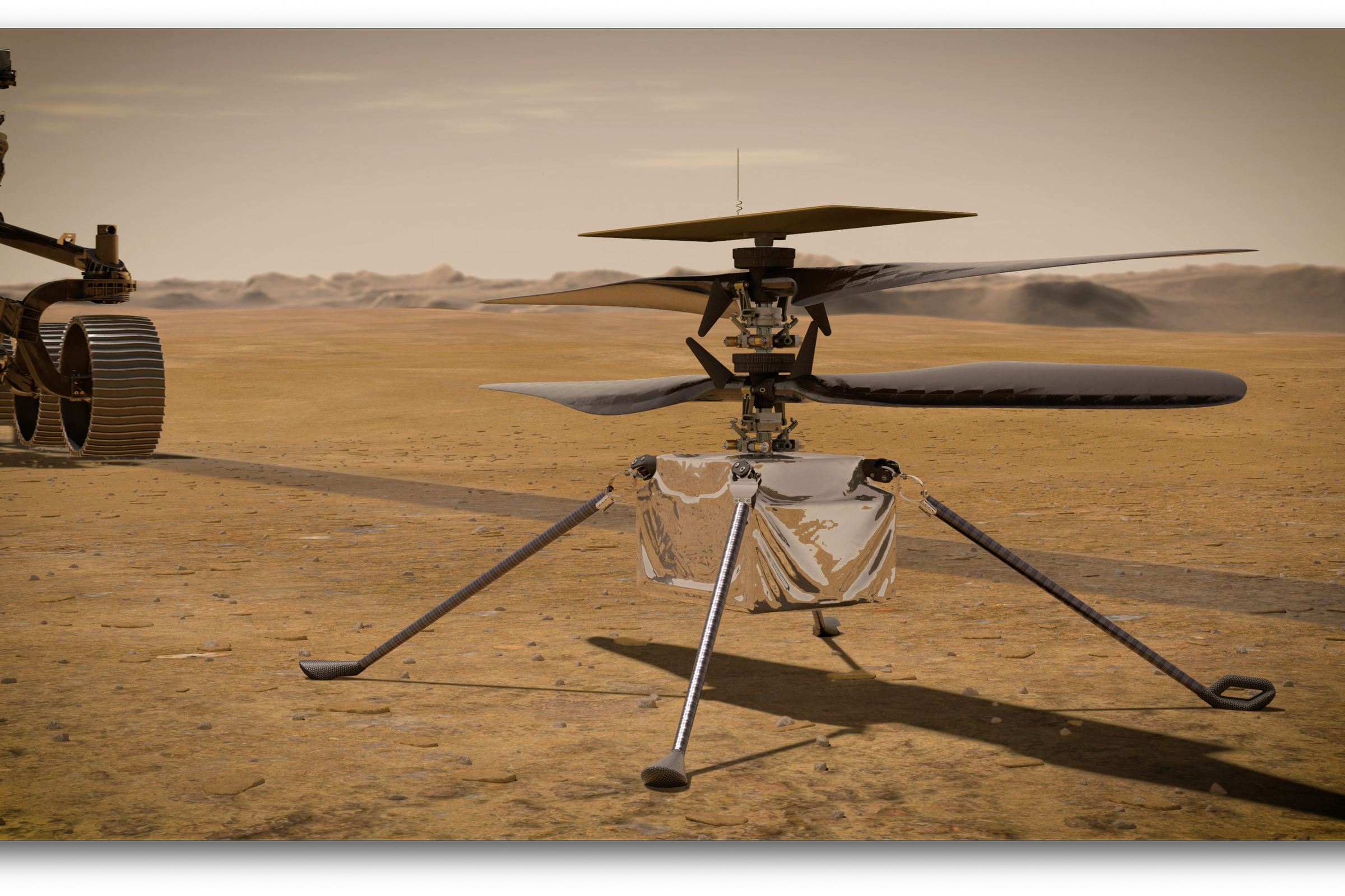 An artistic rendering of Ingenuity deployed on Mars.
