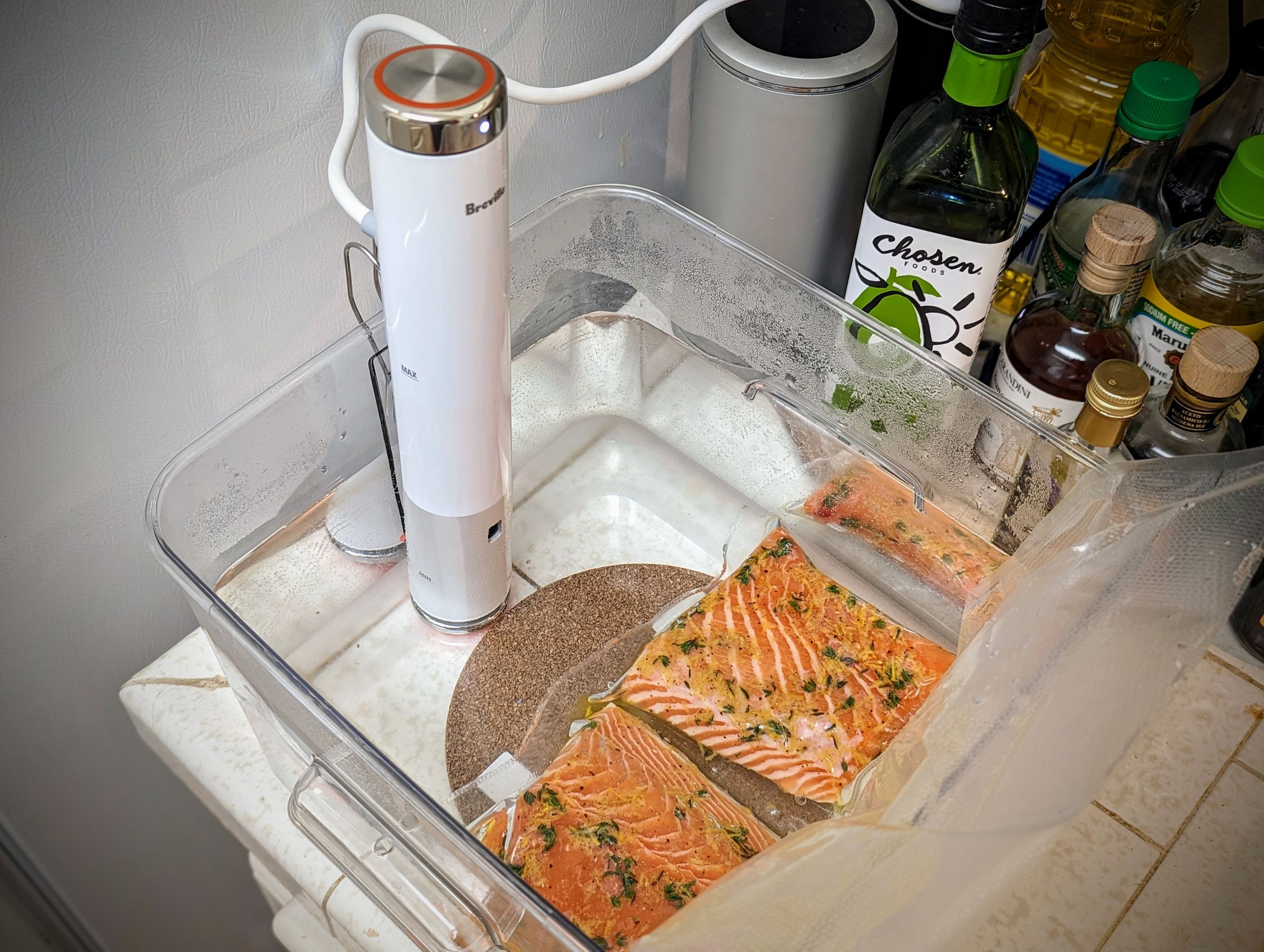 The Breville Joule Turbo cooking salmon.