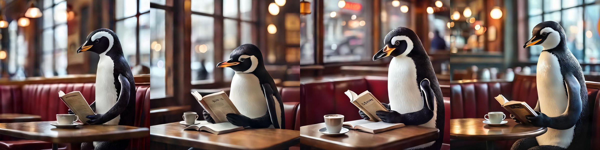 Four AI-rendered images of a penguin in a cafe.