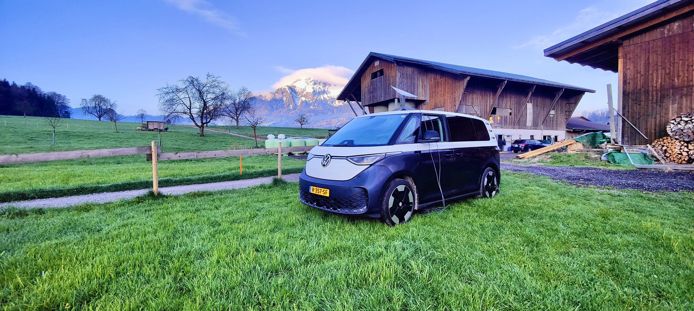 Starlink RV kept us connected with fast downloads, even on this remote Swiss farm.