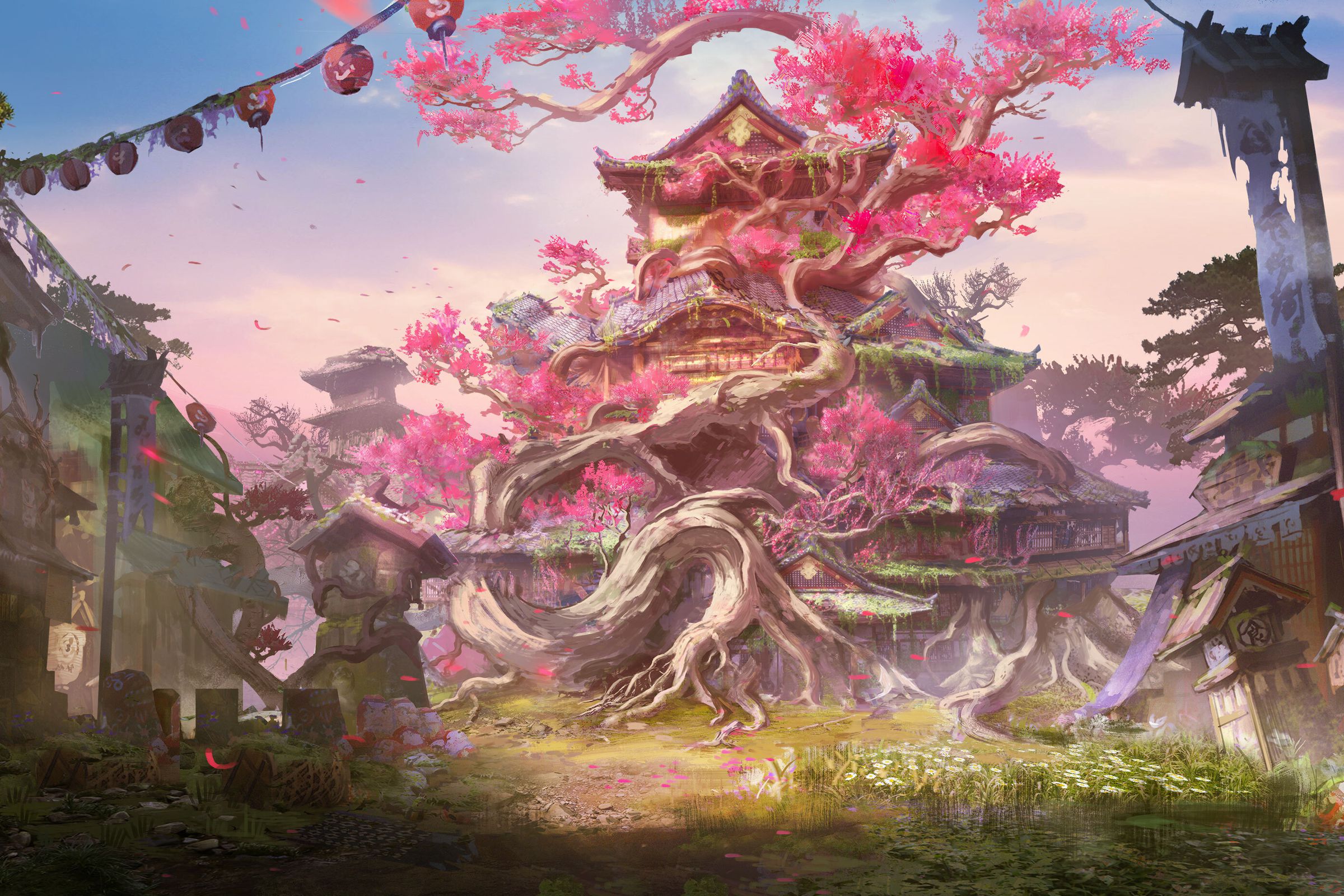 This is a piece of concept art from EA and Koei Tecmo’s new “hunting game.” In the middle of the image, a tall tree with pink leaves winds through a large building with Japanese-inspired architecture. On the sides of the image, there are other buildings and trees.