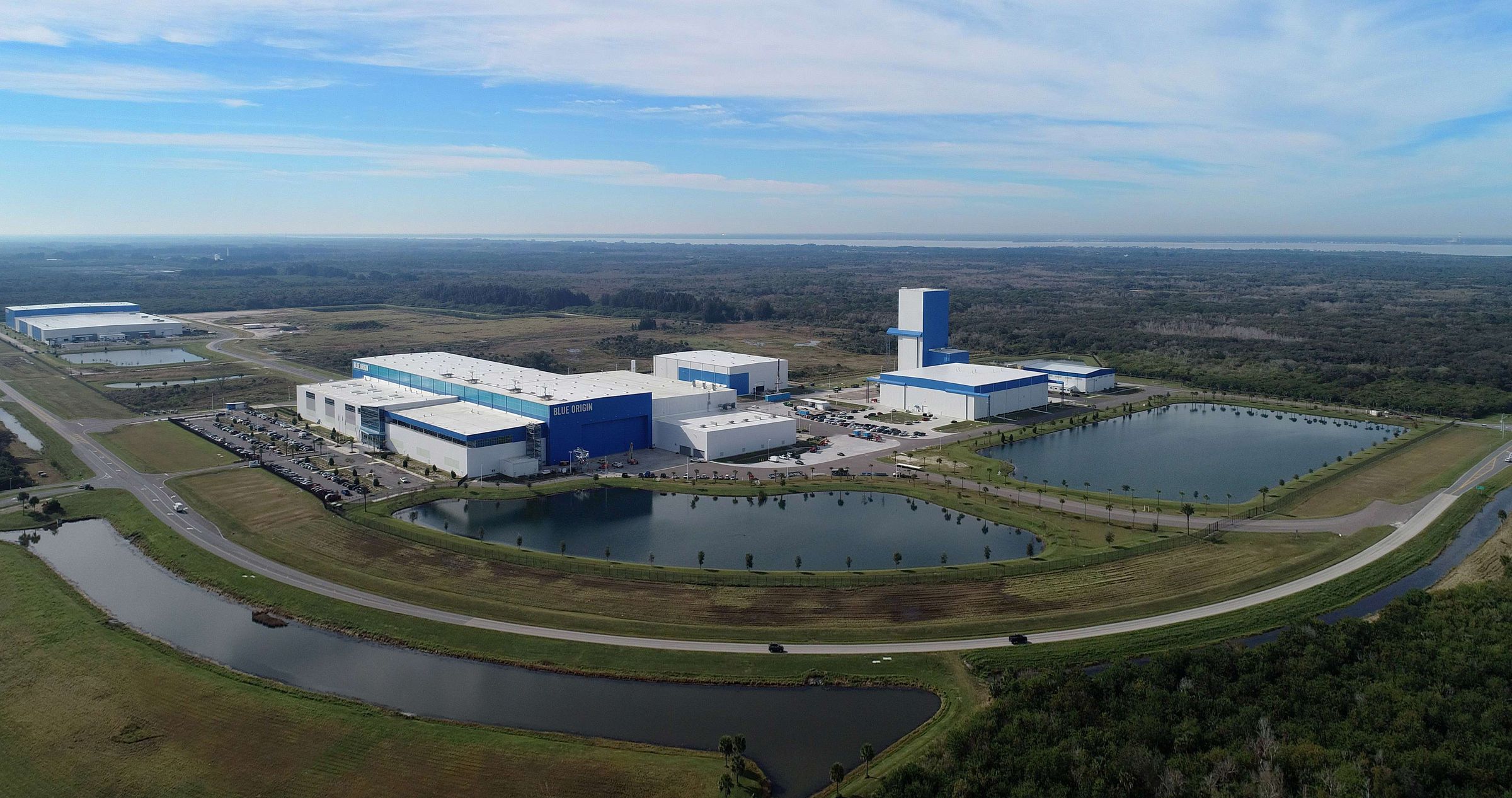 An aerial view of Blue Origin’s massive rocket factory in Florida, just outside the gates of NASA’s Kennedy Space Center.