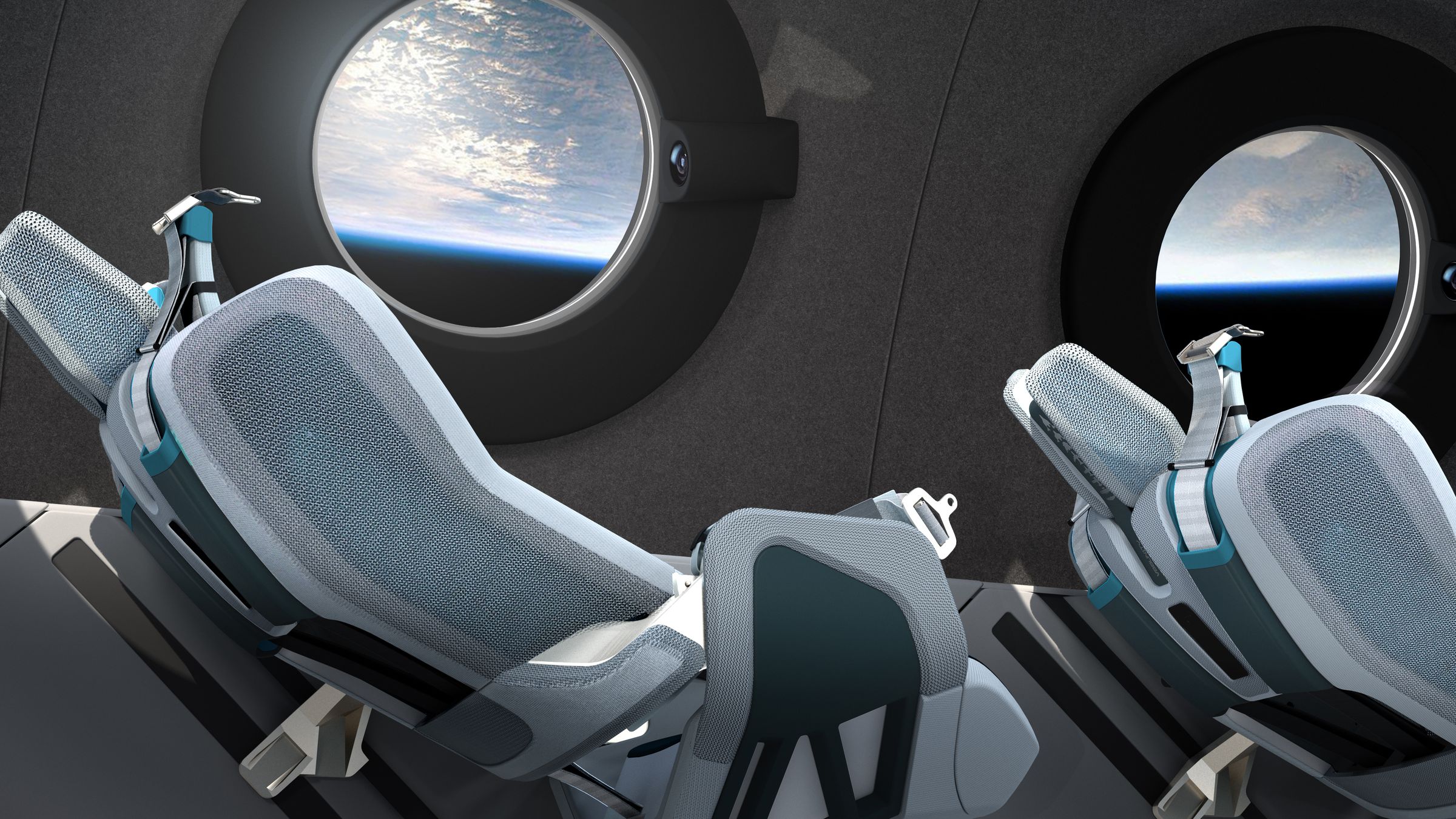 A rendering of the reclined seats, with VSS Unity in space.